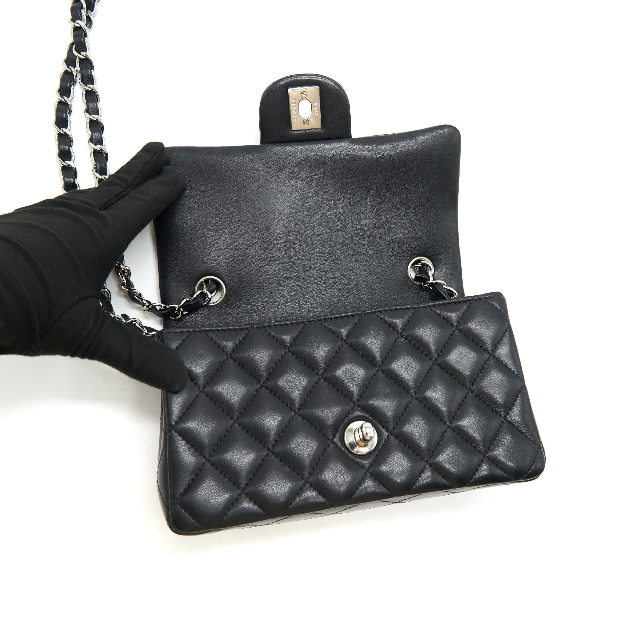 CHANEL LAMBSKIN RECTANGULAR MINI FLAP BAG IN BLACK