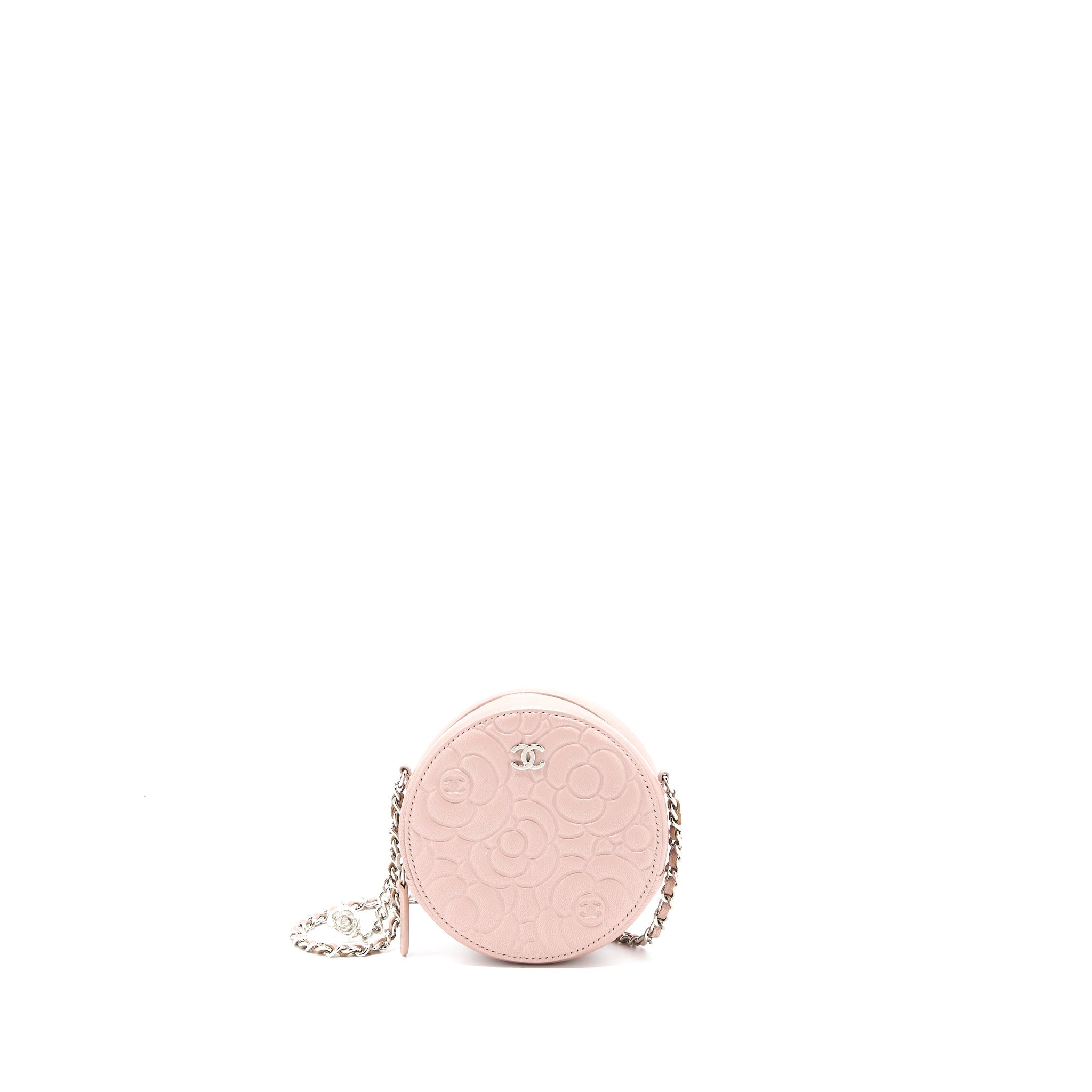 Chanel Round Clutch With Chain Camellia Calfskin Nude Pink