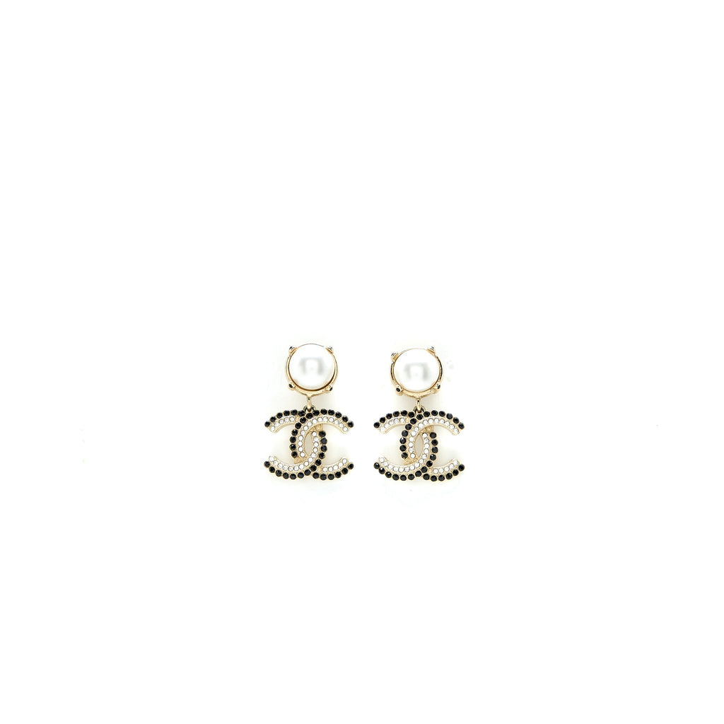Chanel CC Logo Dropped Earrings Pearl/Crystal Light Gold Tone