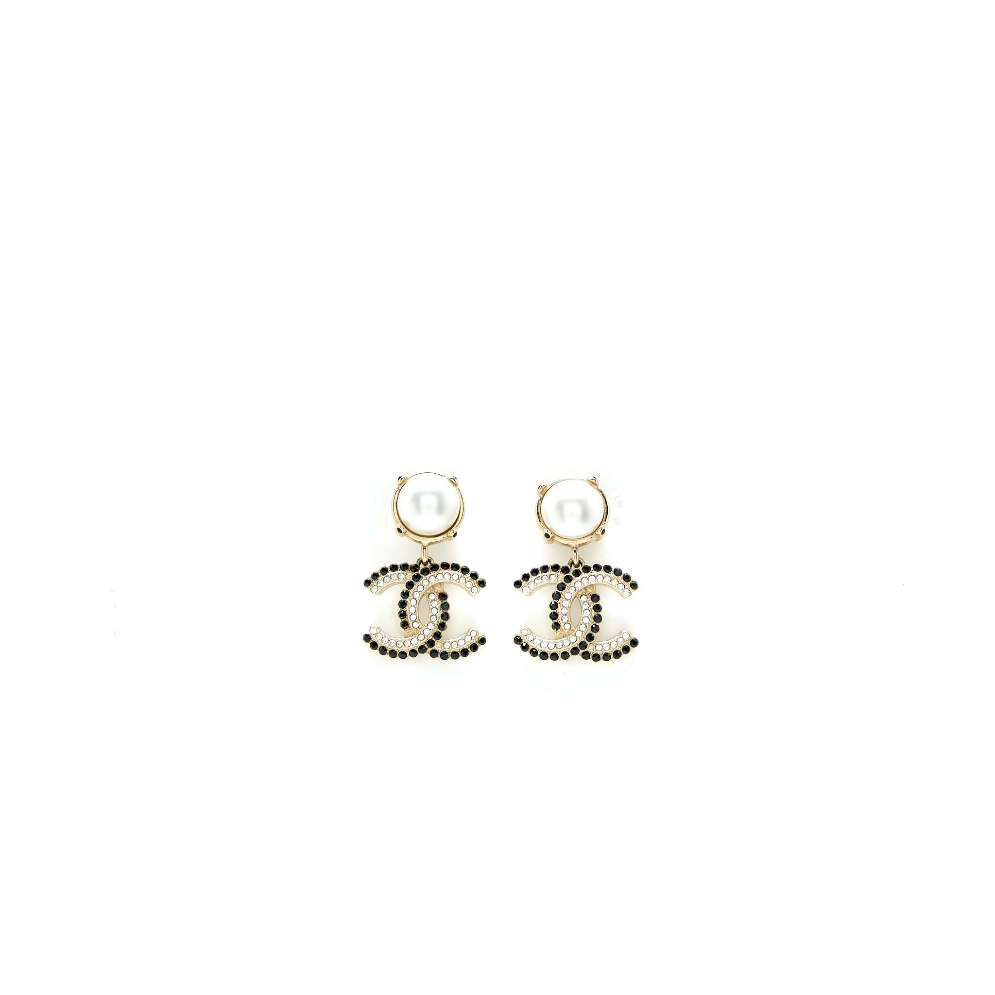 Chanel CC Logo Dropped Earrings Pearl/Crystal Light Gold Tone