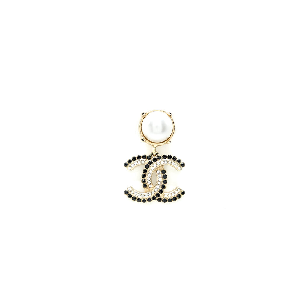 Chanel CC Logo Dropped Earrings Pearl/Crystal Light Gold Tone