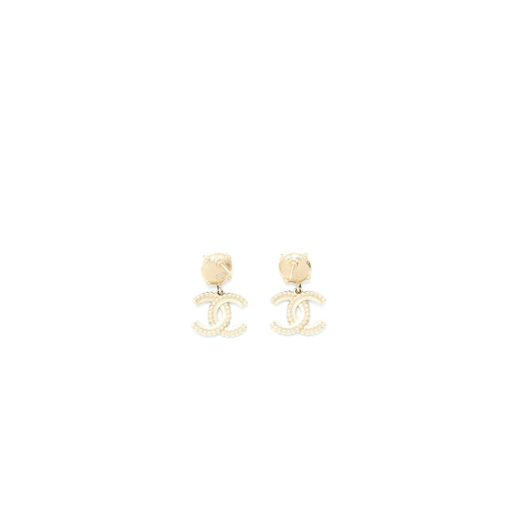 Chanel CC Logo Dropped Earrings Pearl/Crystal Light Gold Tone