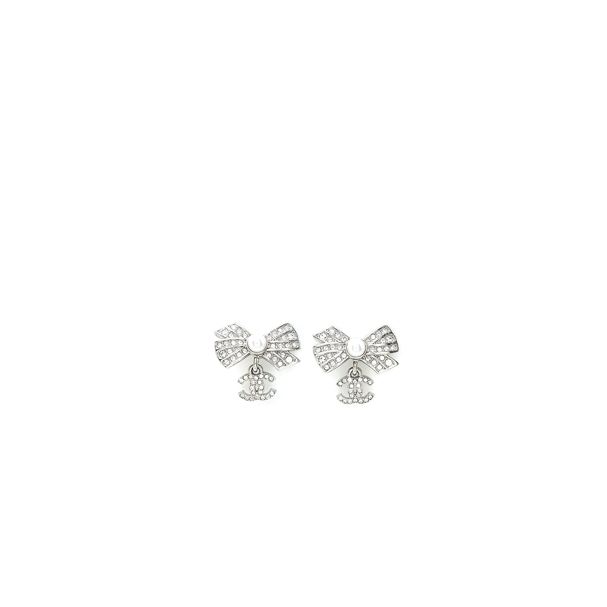 Chanel Ribbon with CC Drop Earrings Pearl/Crystal Silver Tone