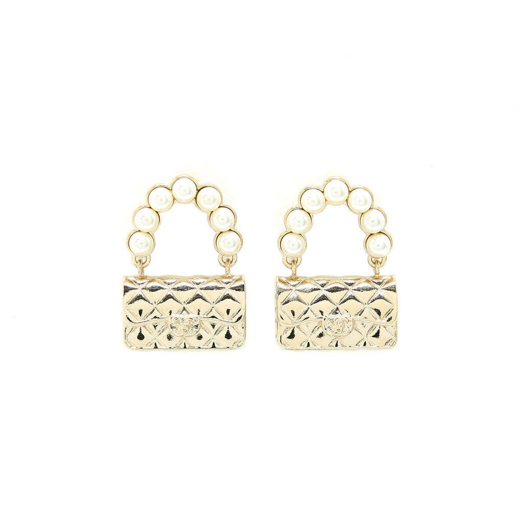 Chanel Pearl And Bag Earring Light Gold Tone