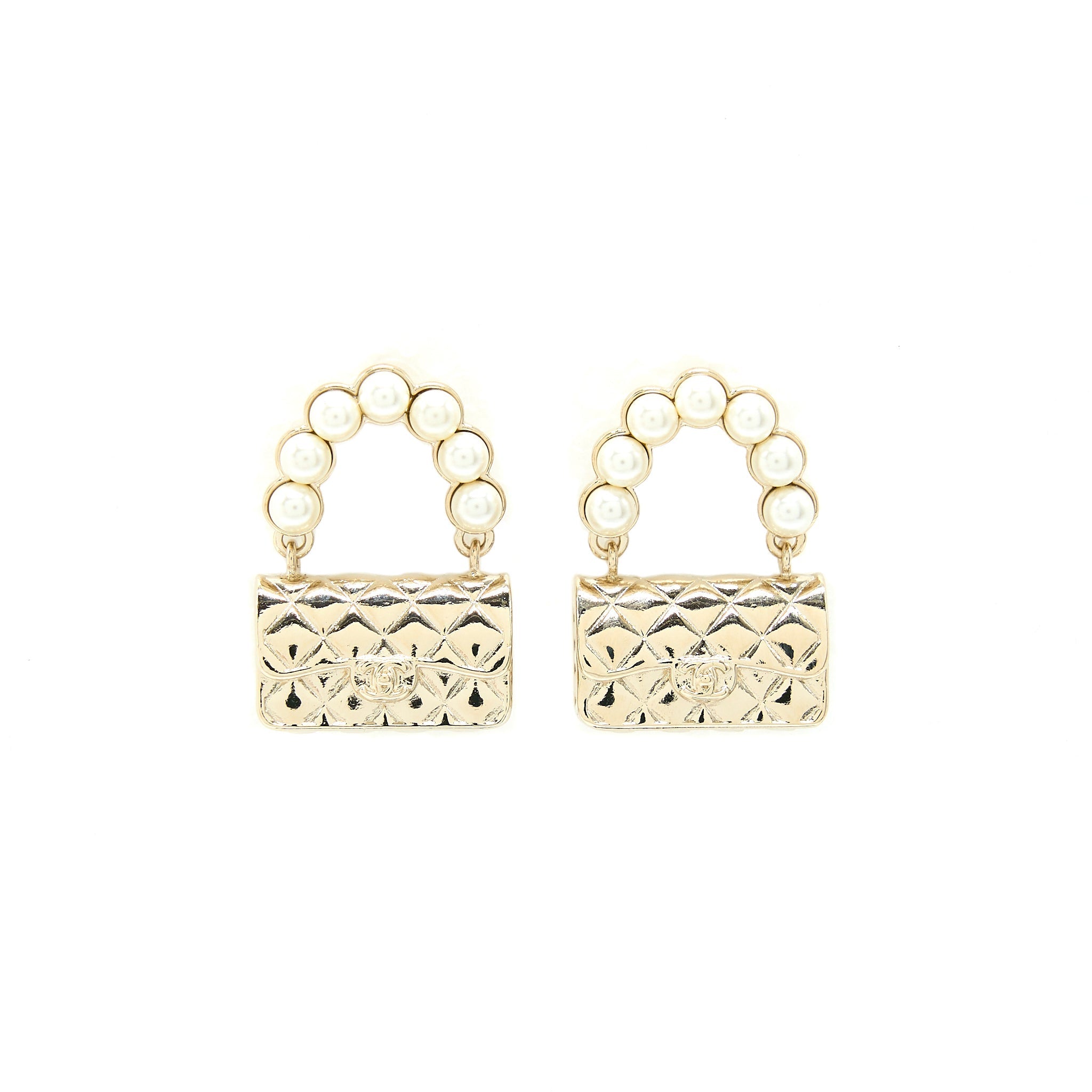 Chanel Pearl And Bag Earring Light Gold Tone