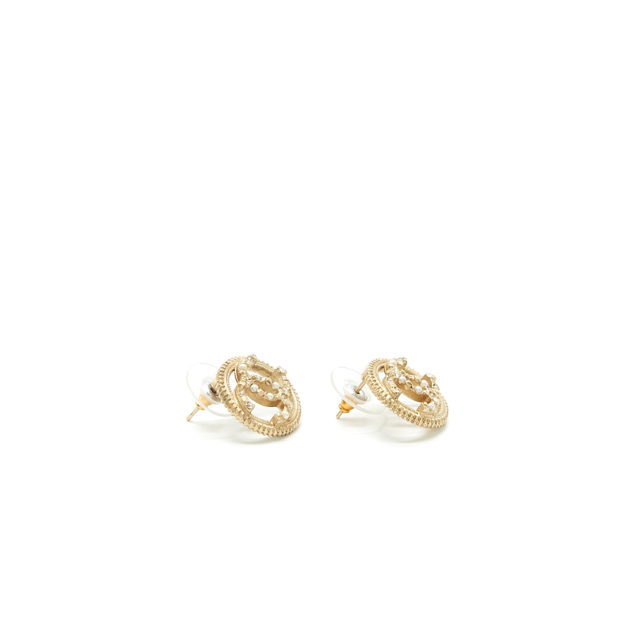 Chanel Round CC Logo Crystal and Pearl Earrings