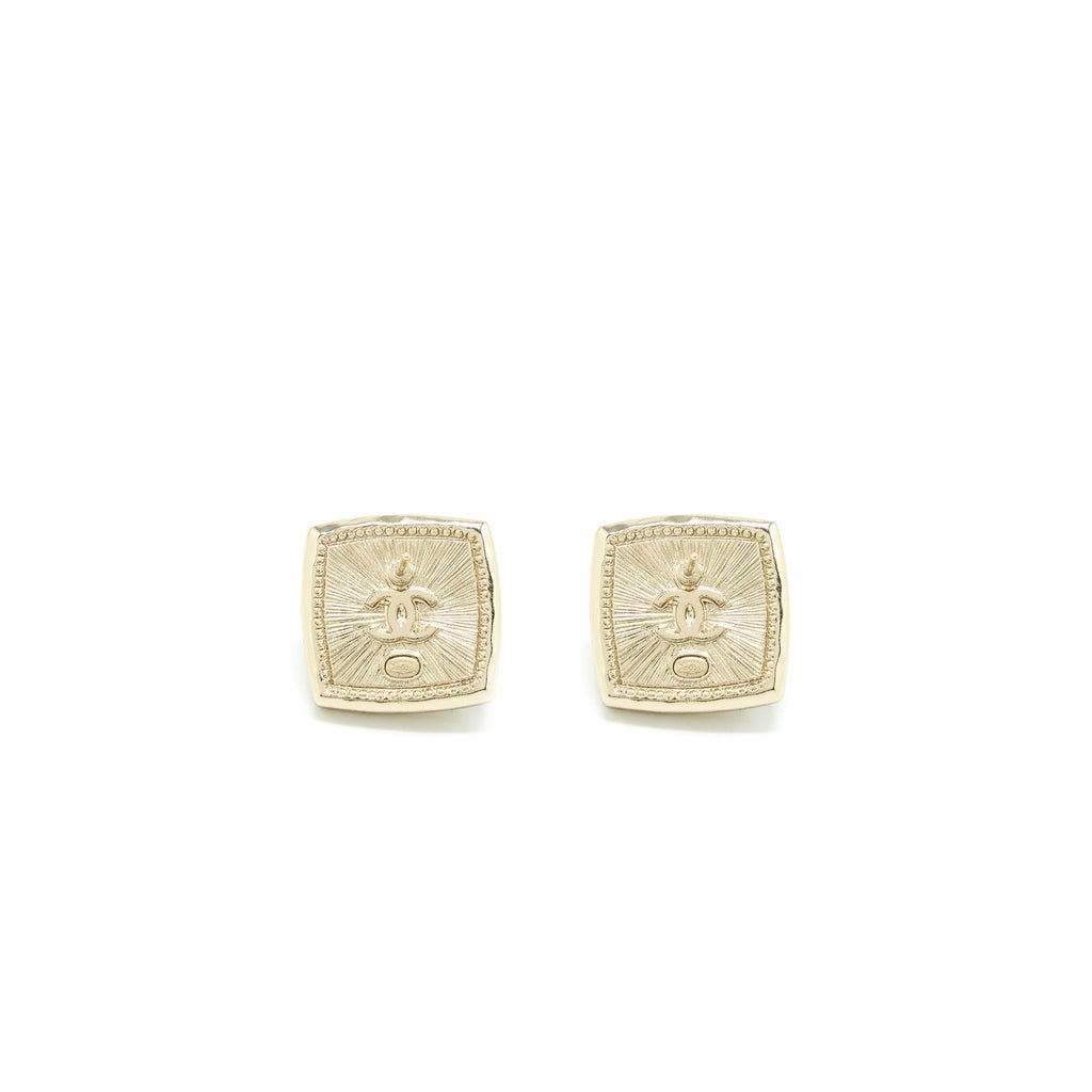Chanel Cube CC Earrings Light Gold Tone