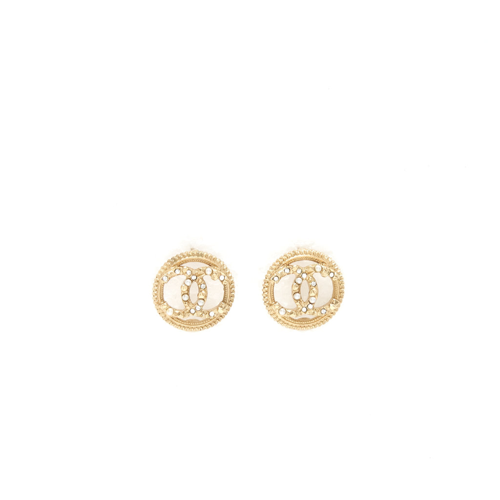 Chanel Round CC Logo Crystal and Pearl Earrings