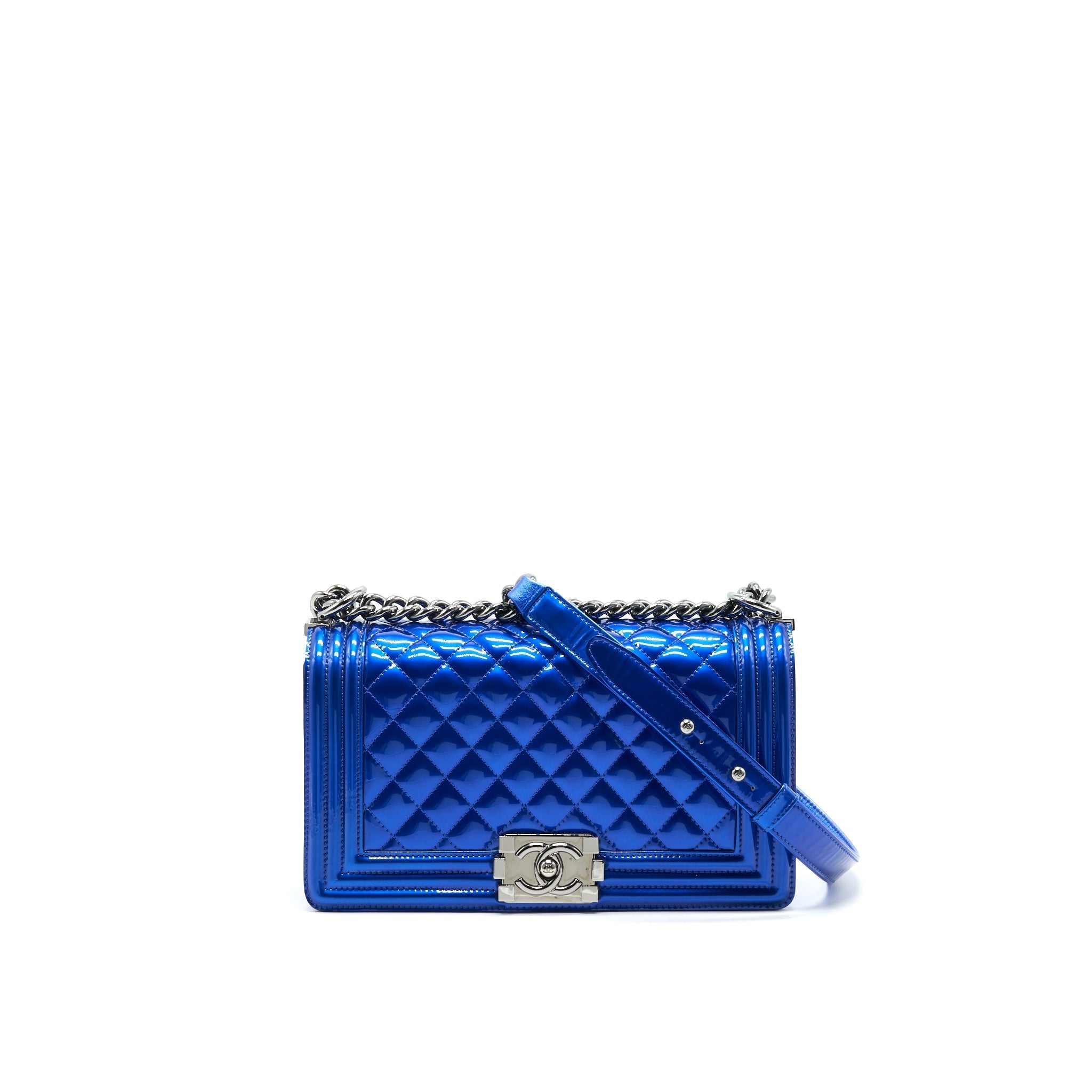 CHANEL MEDIUM LE BOY BAG IN METALLIC BLUE