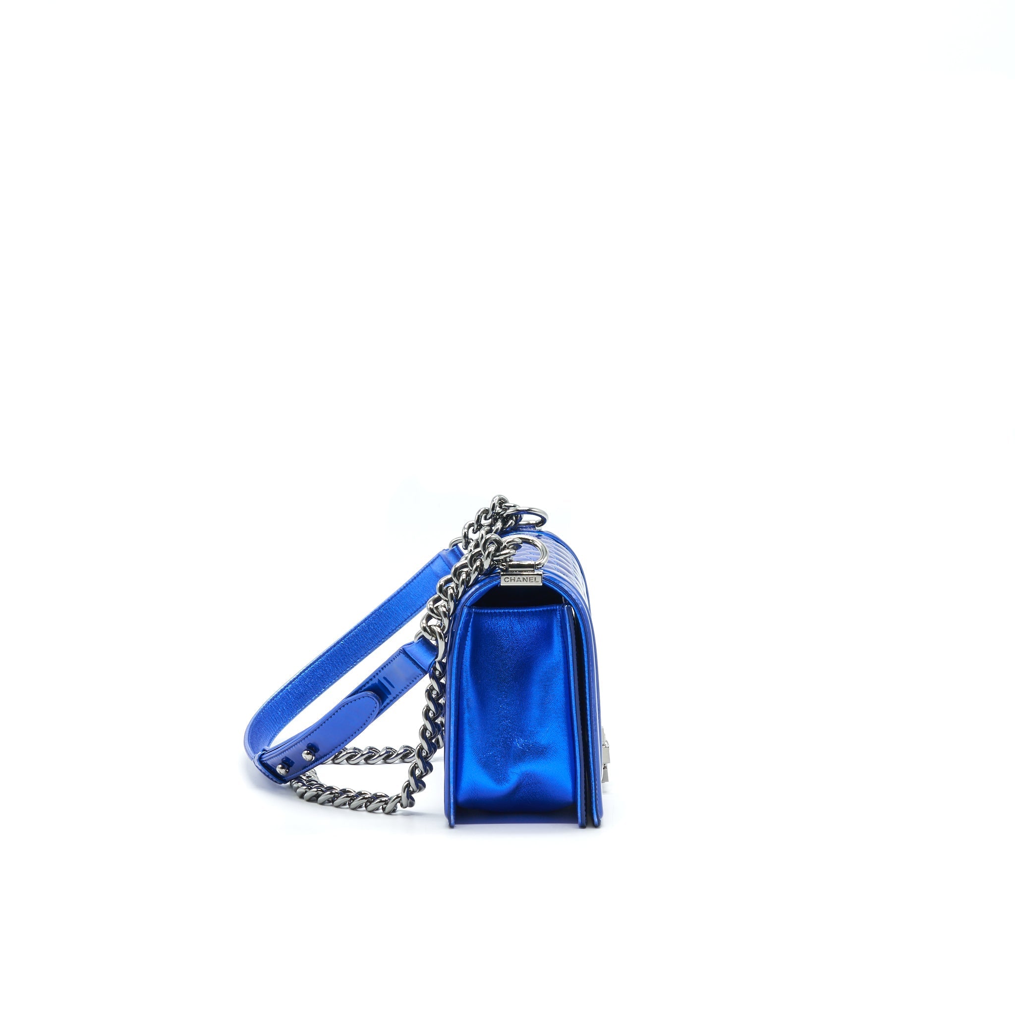CHANEL MEDIUM LE BOY BAG IN METALLIC BLUE
