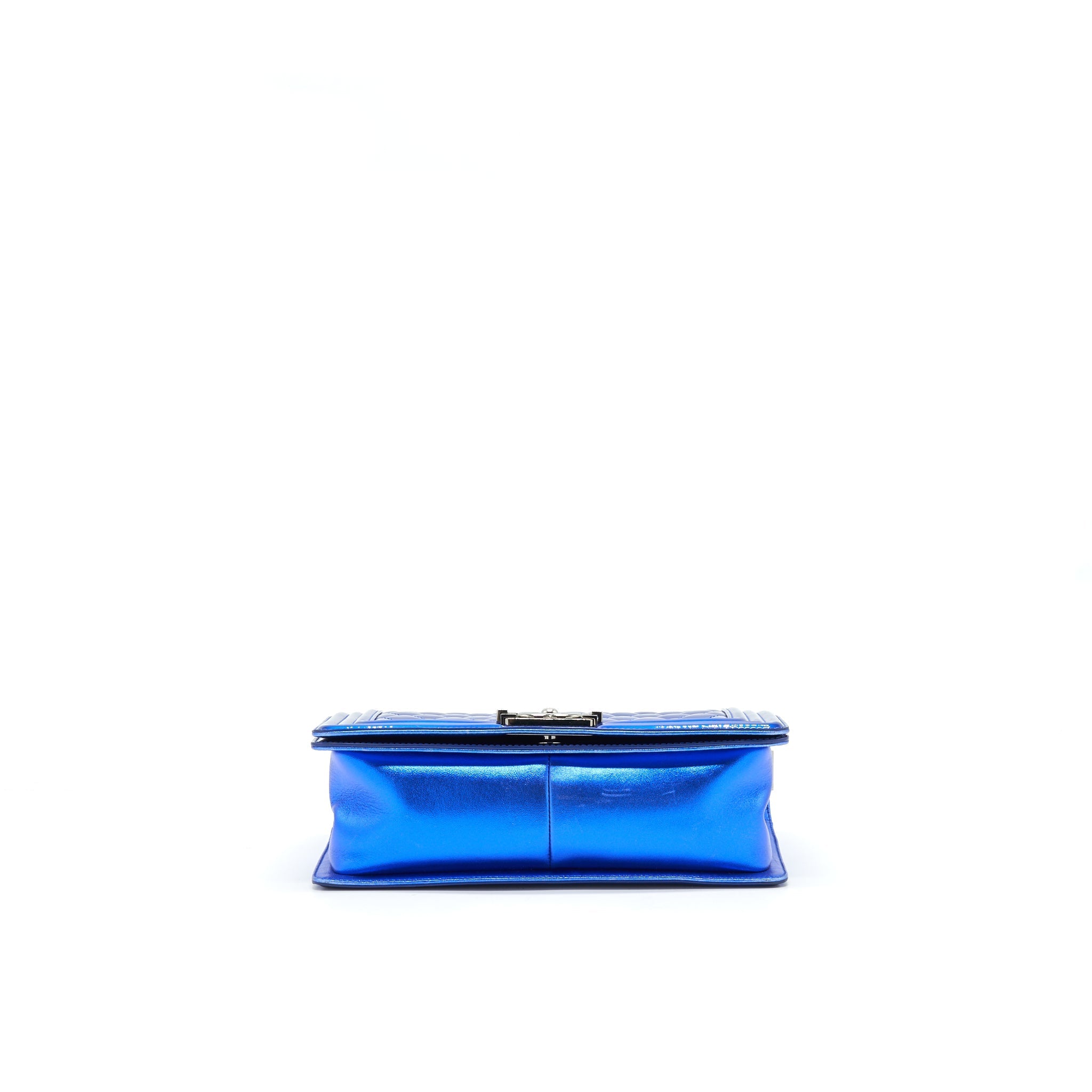 CHANEL MEDIUM LE BOY BAG IN METALLIC BLUE