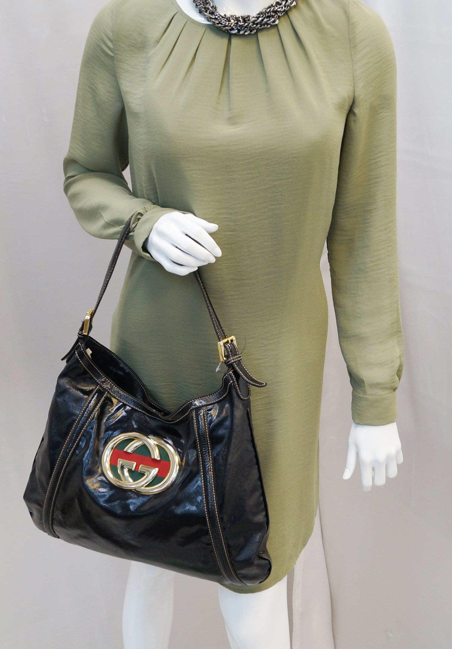 GUCCI Patent Leather Black Medium Britt Hobo Bag