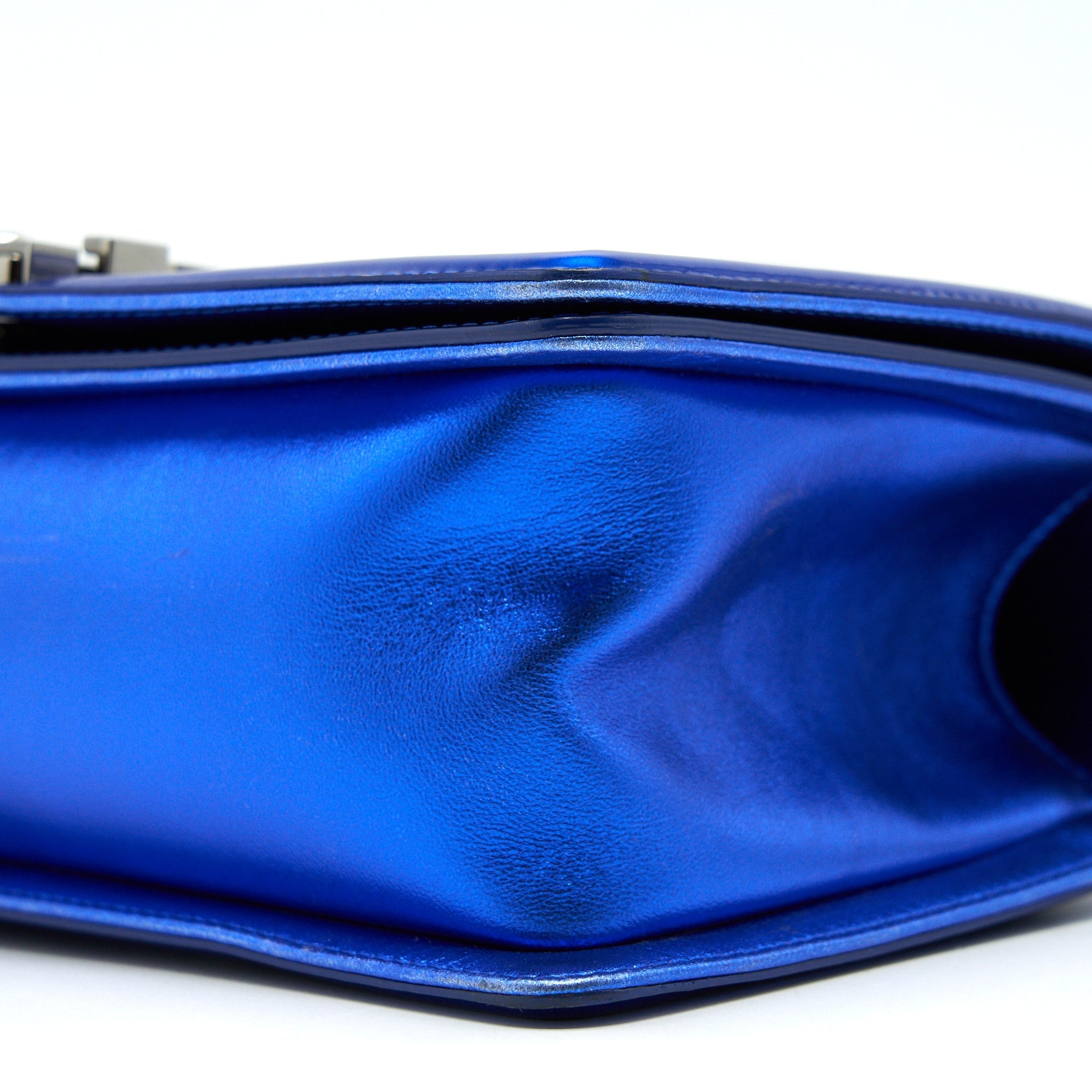 CHANEL MEDIUM LE BOY BAG IN METALLIC BLUE