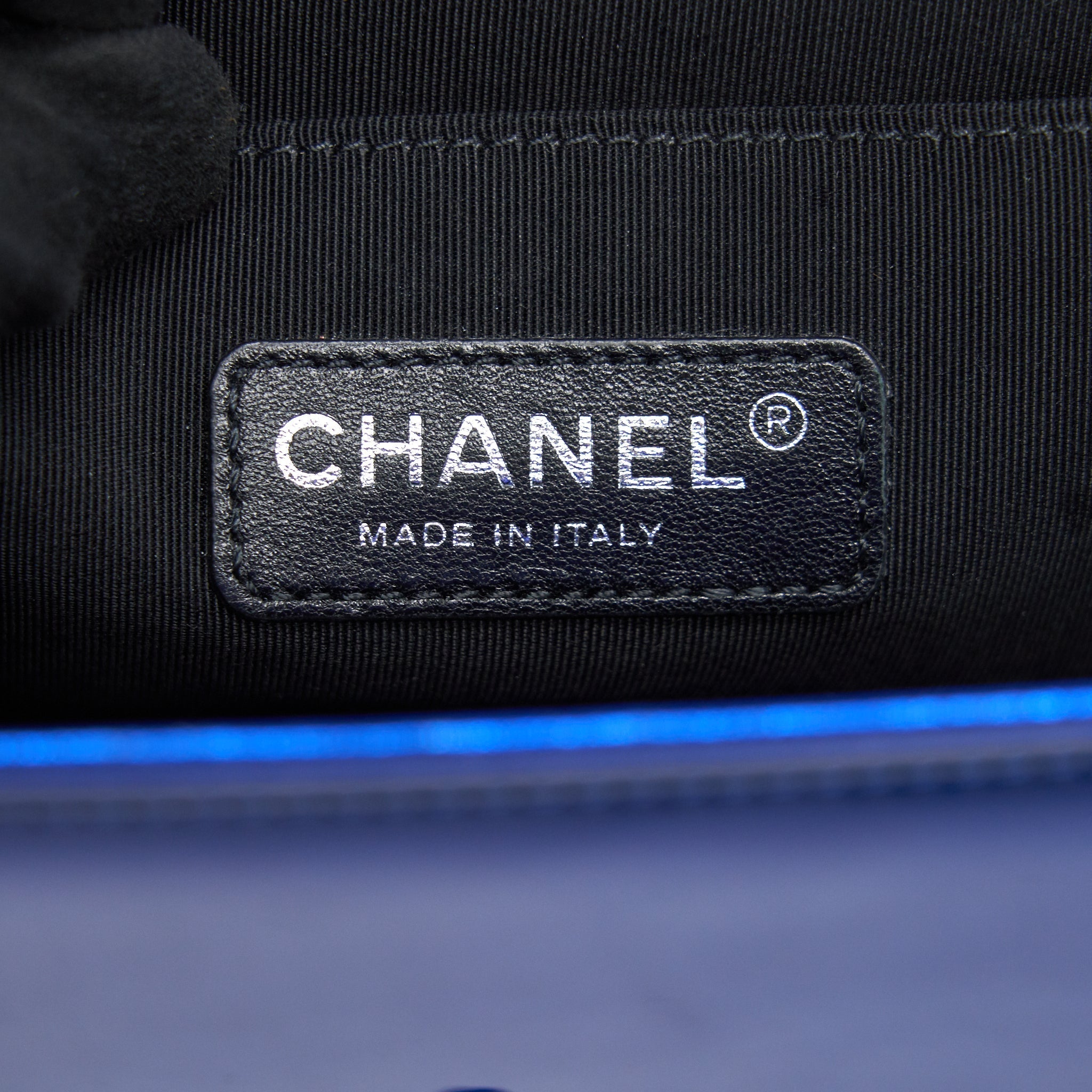 CHANEL MEDIUM LE BOY BAG IN METALLIC BLUE