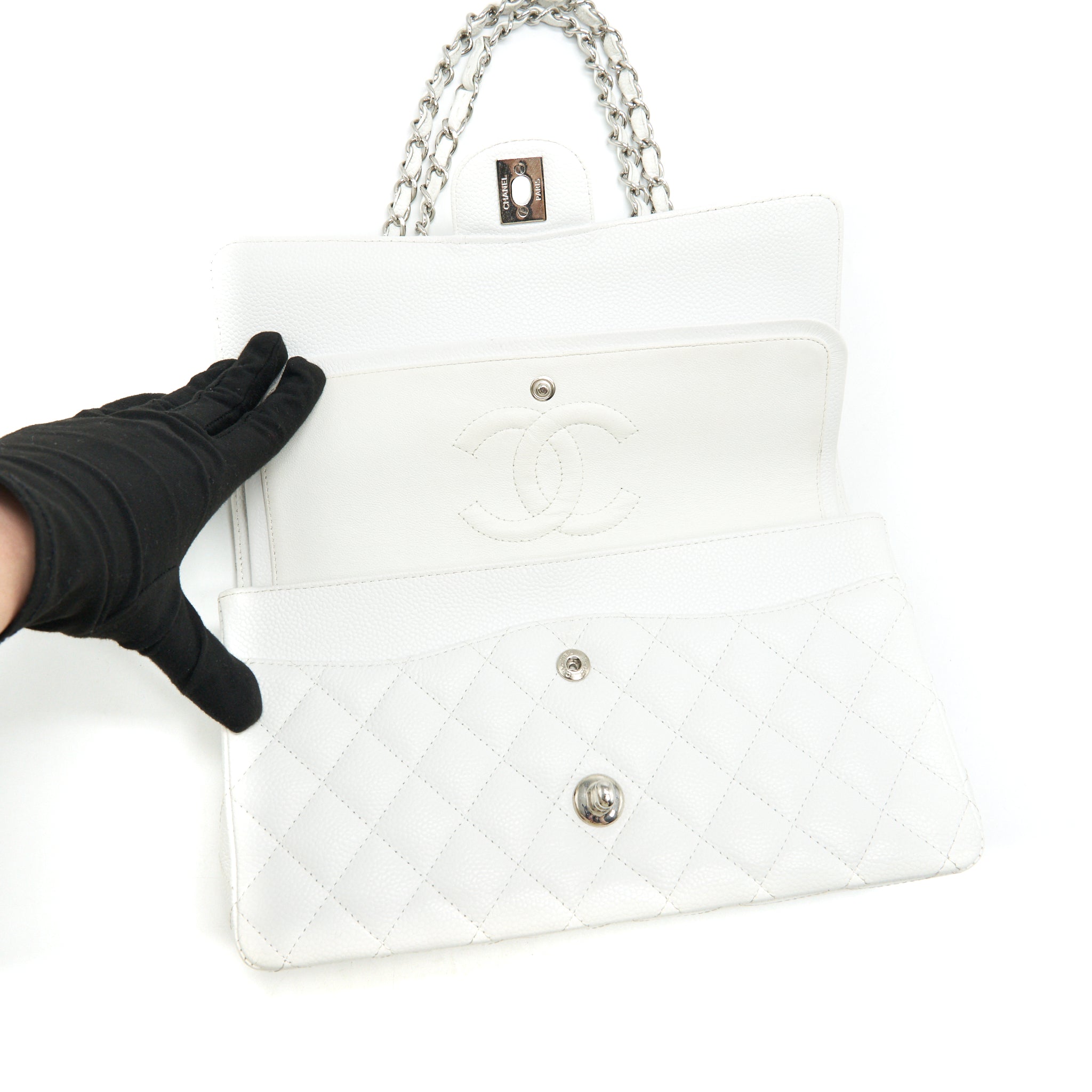 CHANEL MEDIUM CLASSIC DOUBLE FLAP BAG CAVIAR WHITE