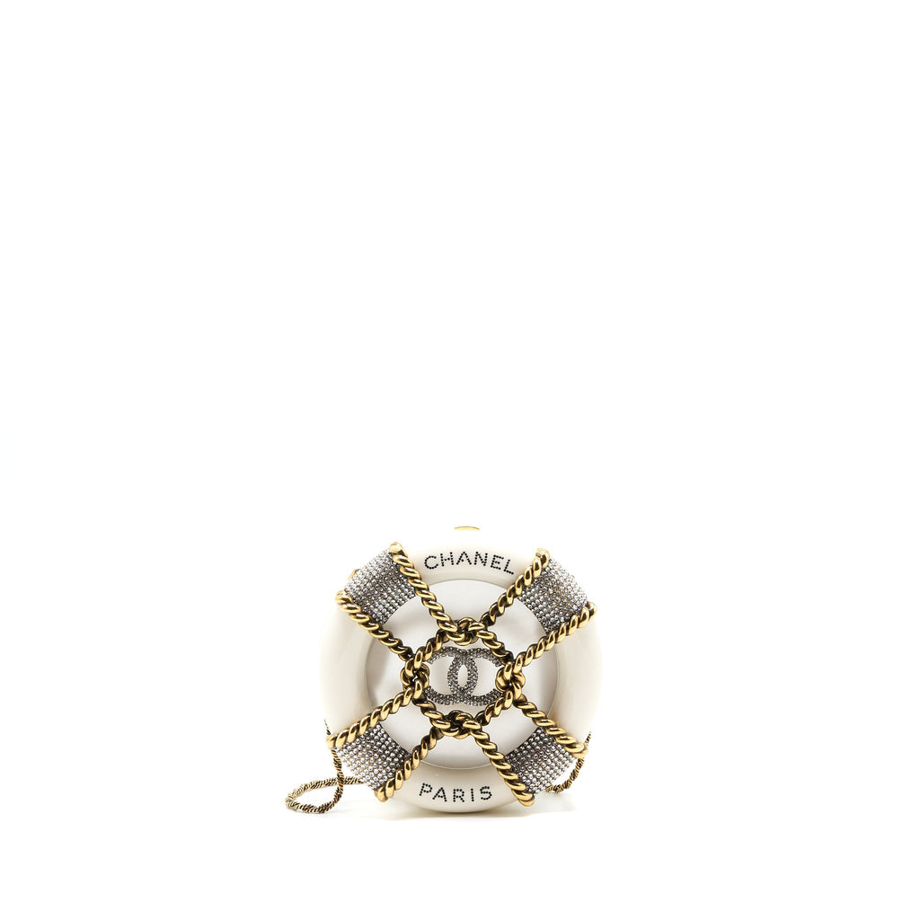 Chanel Runway White Crystal Round Evening Clutch Shoulder Bag Box