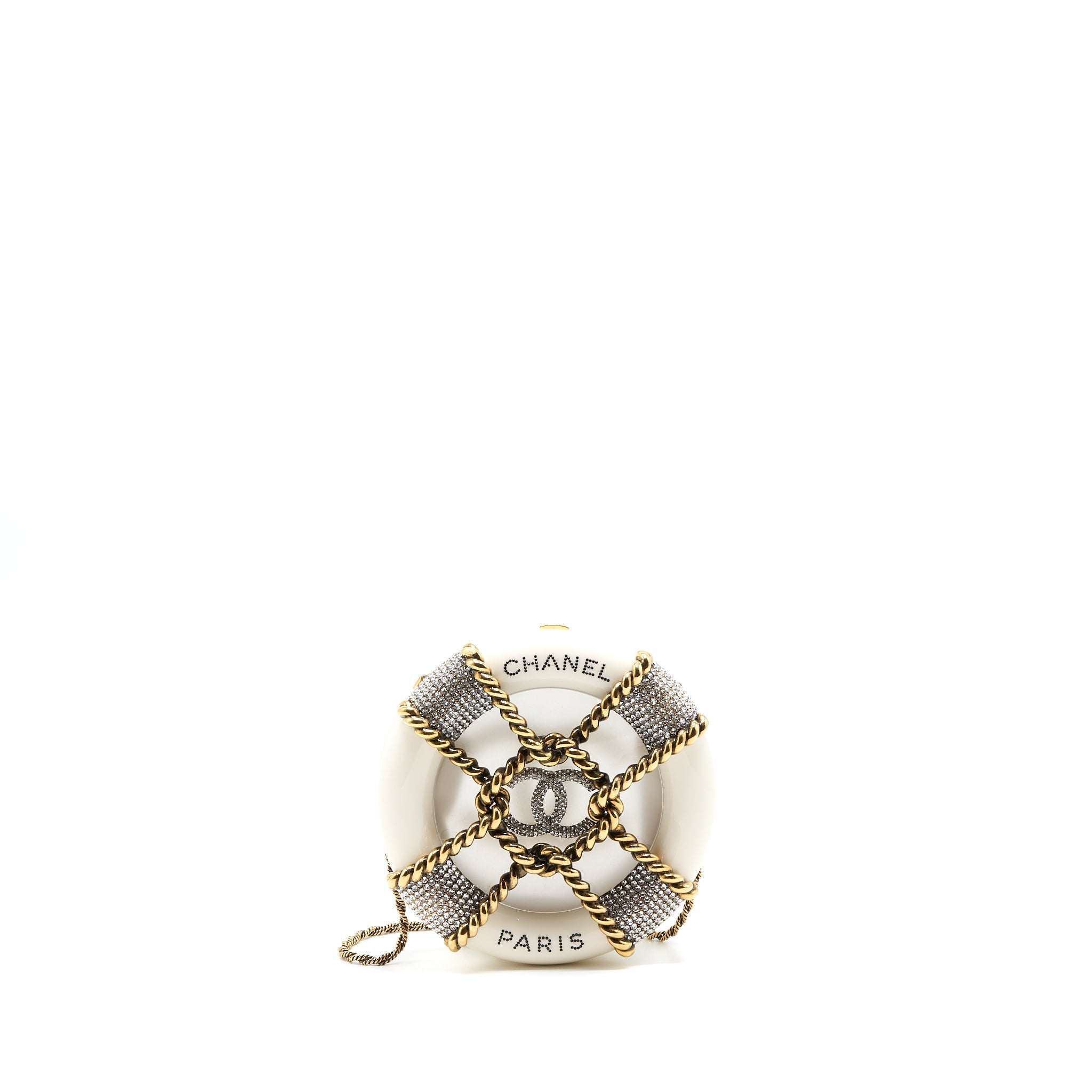 Chanel Runway White Crystal Round Evening Clutch Shoulder Bag Box