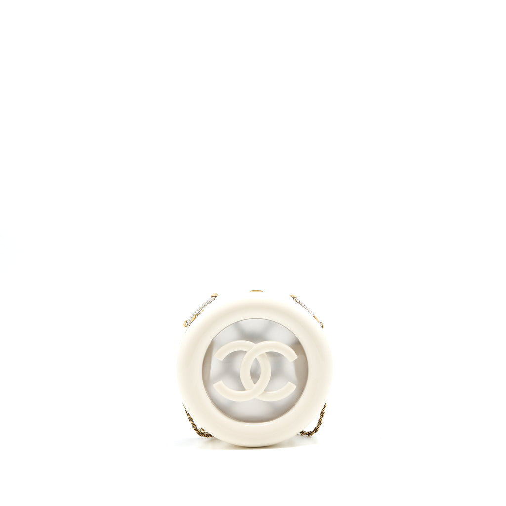 Chanel Runway White Crystal Round Evening Clutch Shoulder Bag Box