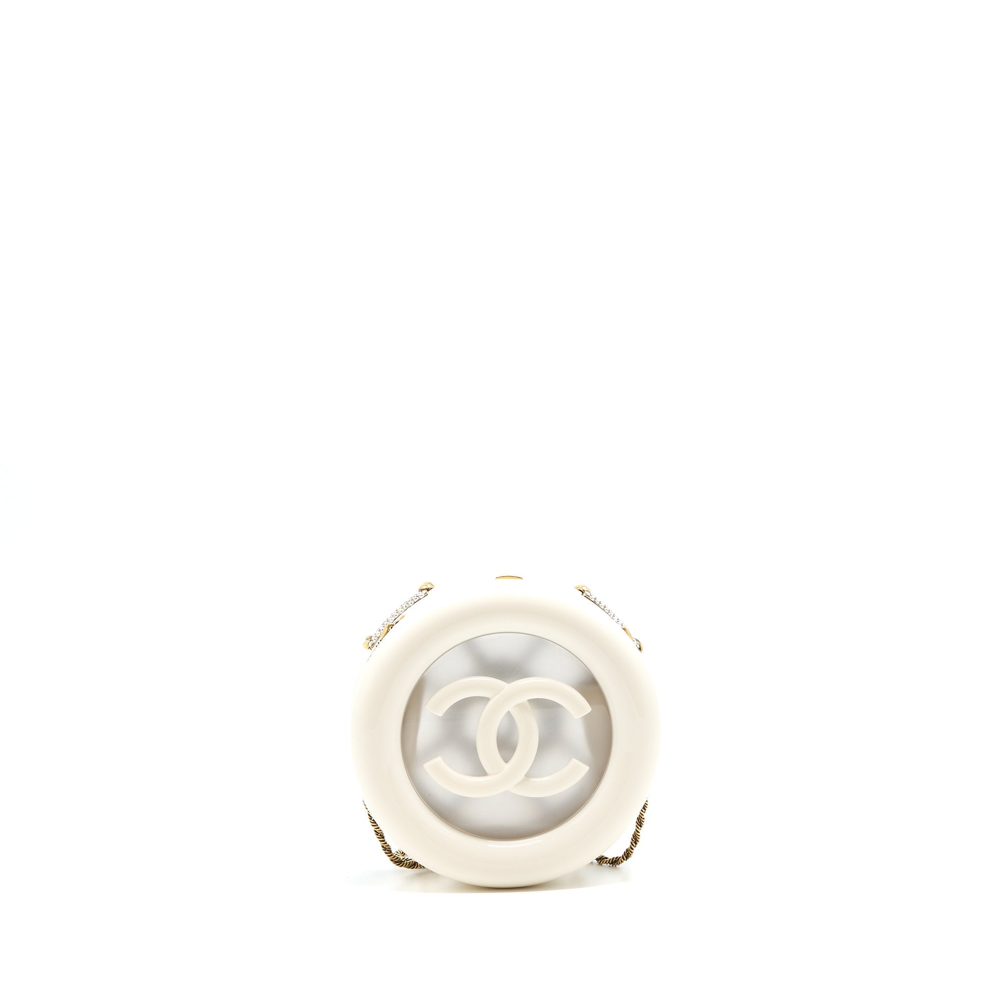 Chanel Runway White Crystal Round Evening Clutch Shoulder Bag Box