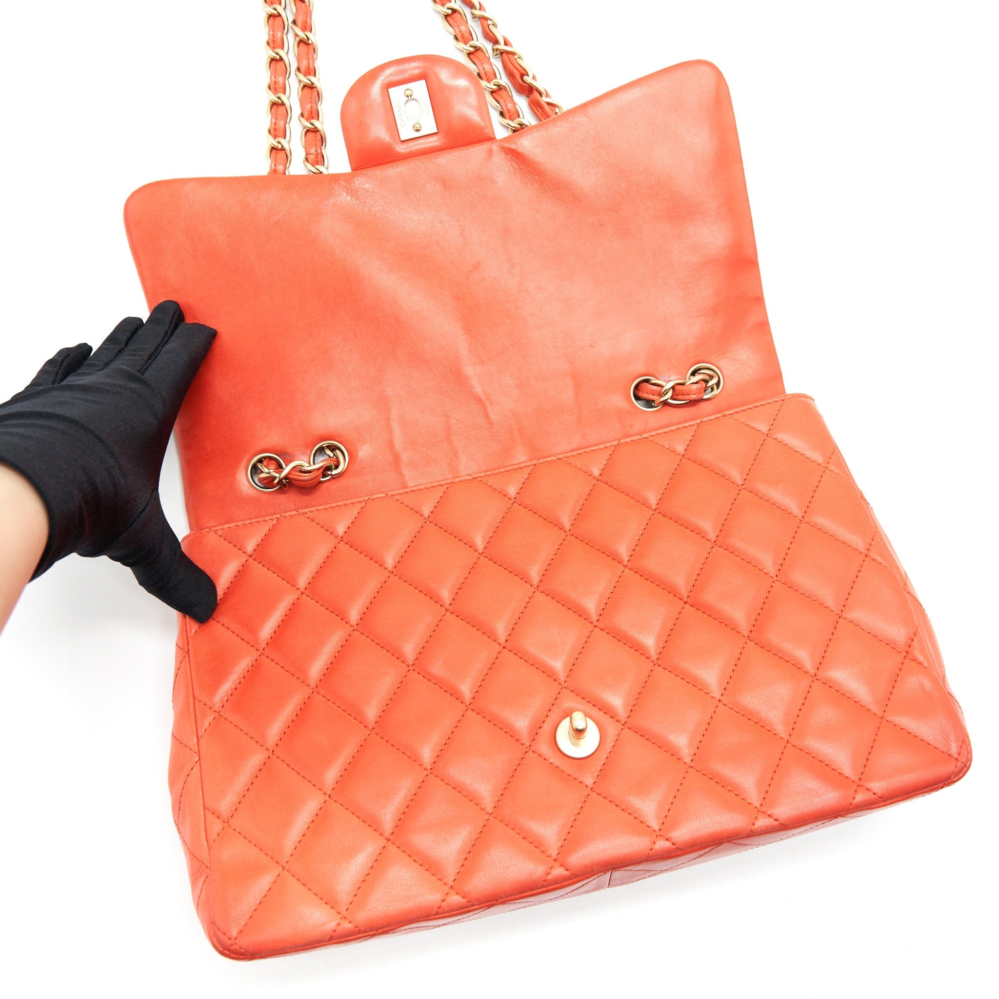 CHANEL CLASSIC SINGLE FLAP JUMBO BAG ORANGE LAMBSKIN