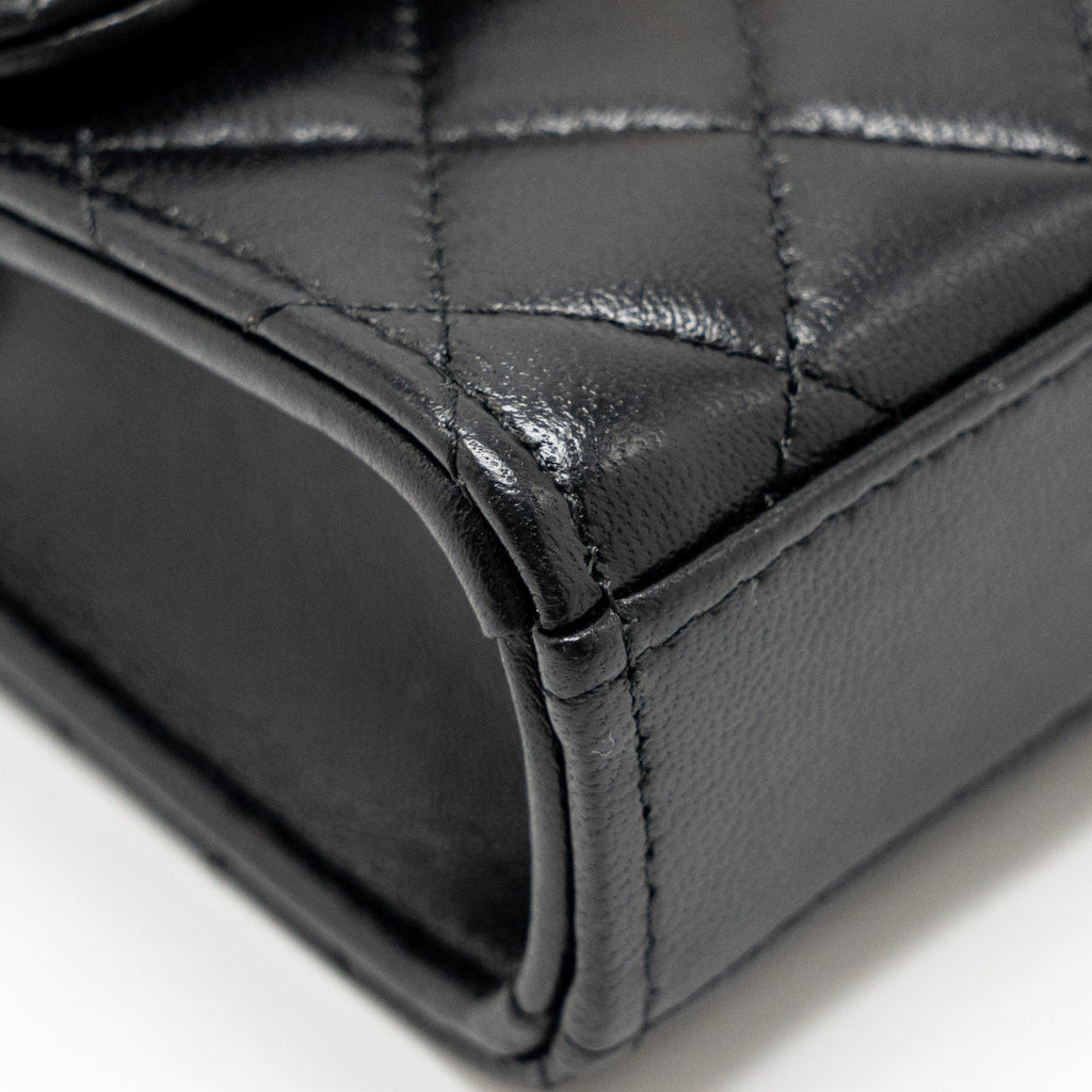 Chanel Detailed Top Handle Mini Clutch with Chain Lambskin Black  (Microchip)