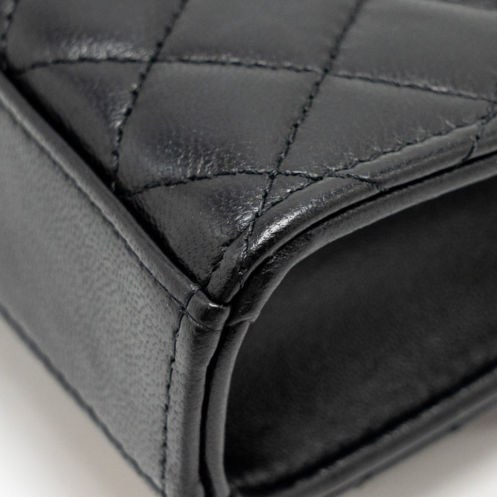 Chanel Detailed Top Handle Mini Clutch with Chain Lambskin Black  (Microchip)