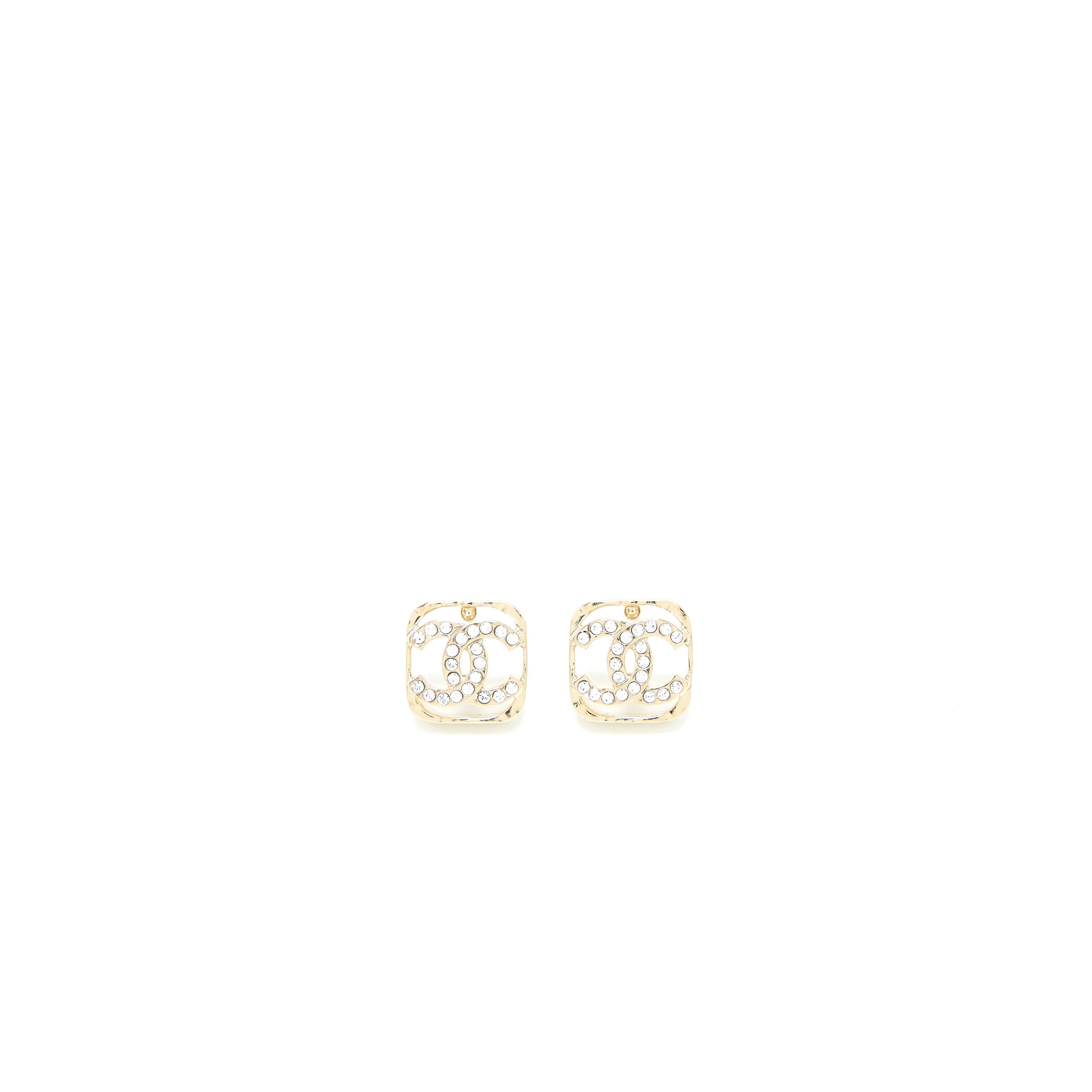 Chanel Square CC Logo Earring Crystal Light Gold Tone