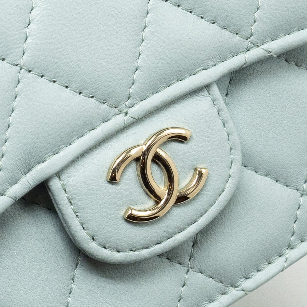 Chanel Top Handle Mini Flap Clutch with Chain Lambskin Light Blue L