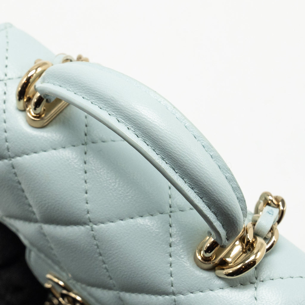 Chanel Top Handle Mini Flap Clutch with Chain Lambskin Light Blue L