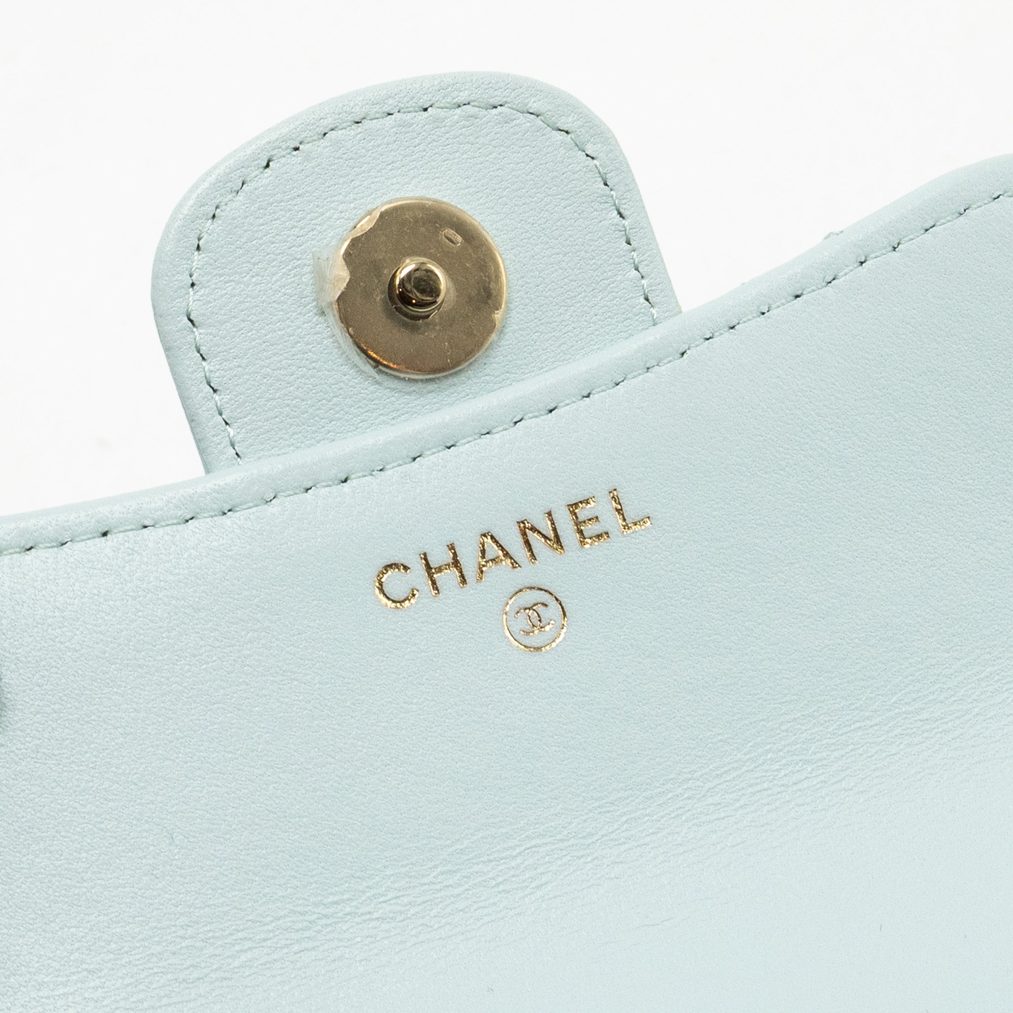 Chanel Top Handle Mini Flap Clutch with Chain Lambskin Light Blue L