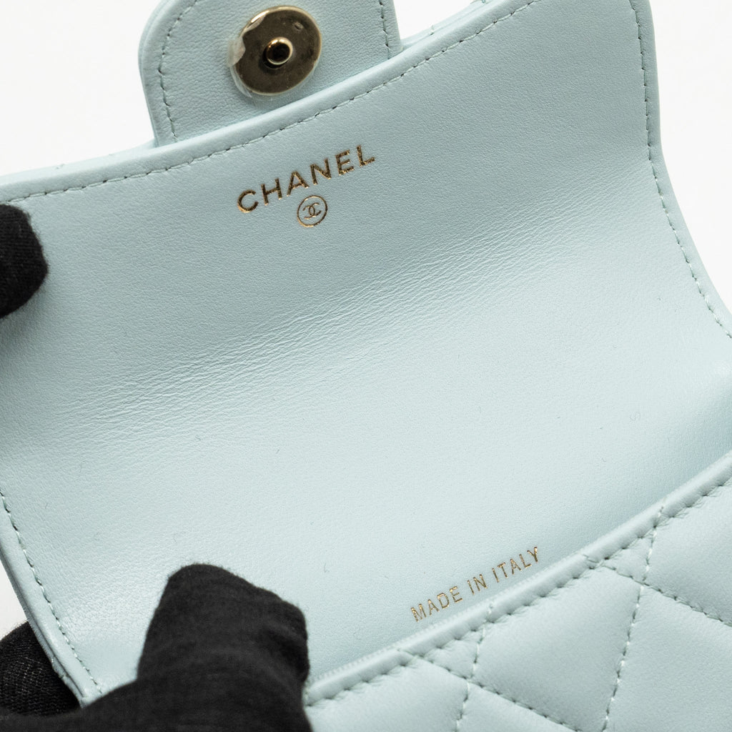 Chanel Top Handle Mini Flap Clutch with Chain Lambskin Light Blue L
