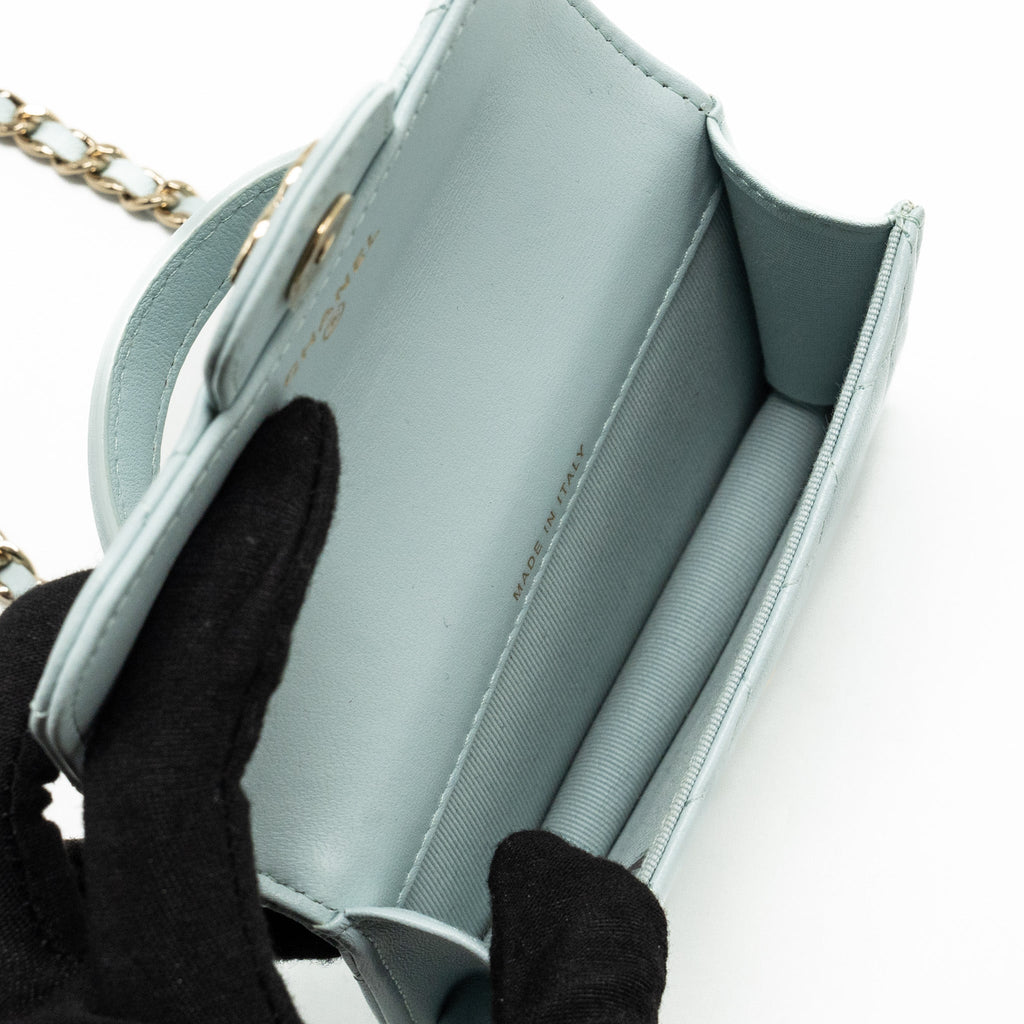 Chanel Top Handle Mini Flap Clutch with Chain Lambskin Light Blue L