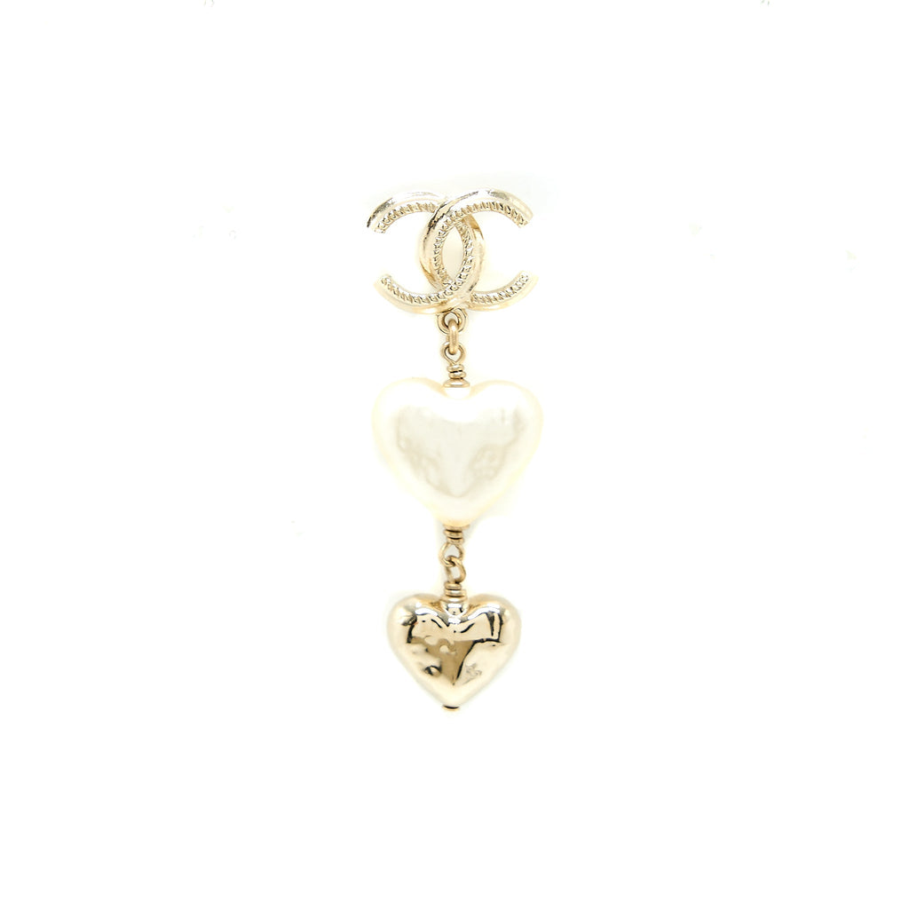 Chanel CC Logo Heart Drop Earrings Light Gold Tone