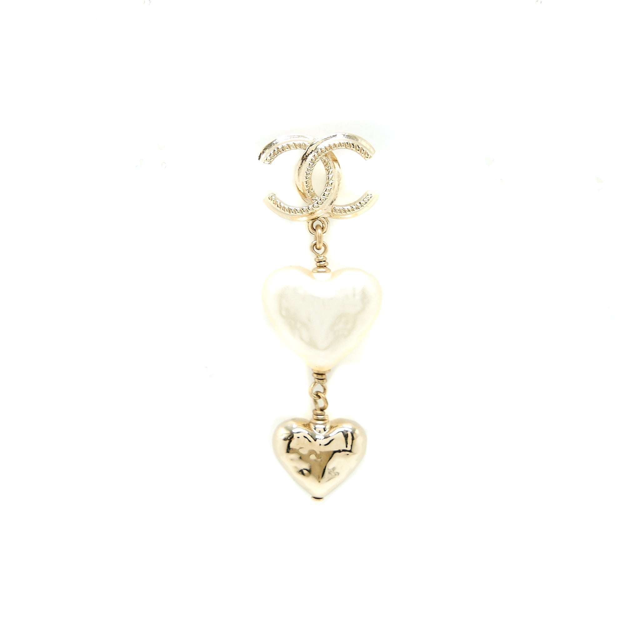 Chanel CC Logo Heart Drop Earrings Light Gold Tone