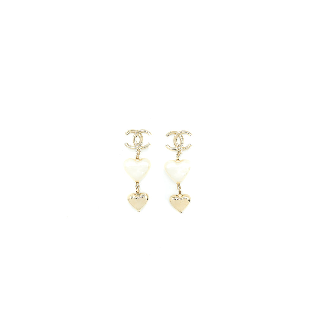 Chanel CC Logo Heart Drop Earrings Light Gold Tone