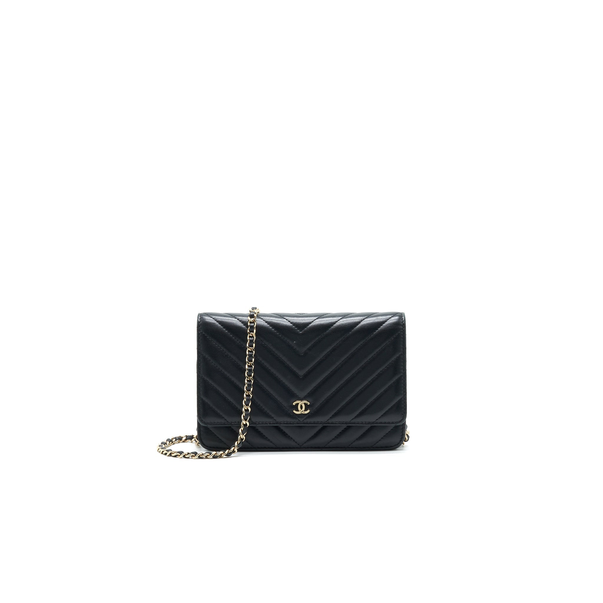 CHANEL CHEVRON WALLET ON CHAIN LAMBSKIN BLACK WITH