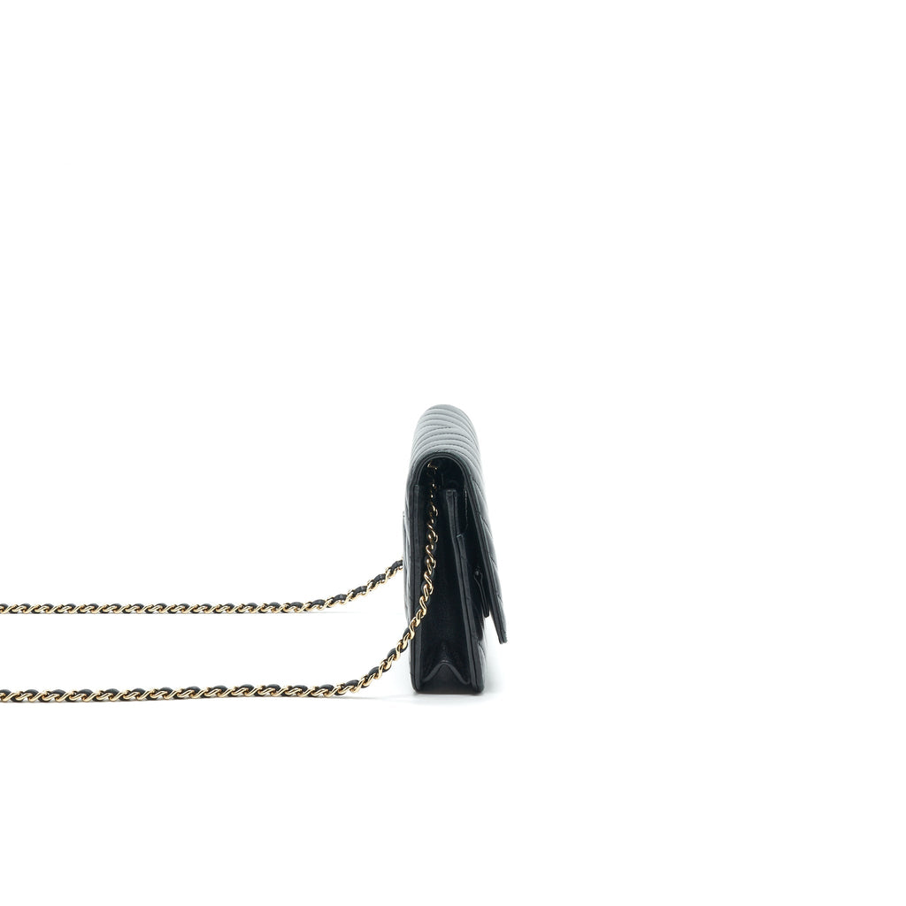 CHANEL CHEVRON WALLET ON CHAIN LAMBSKIN BLACK WITH