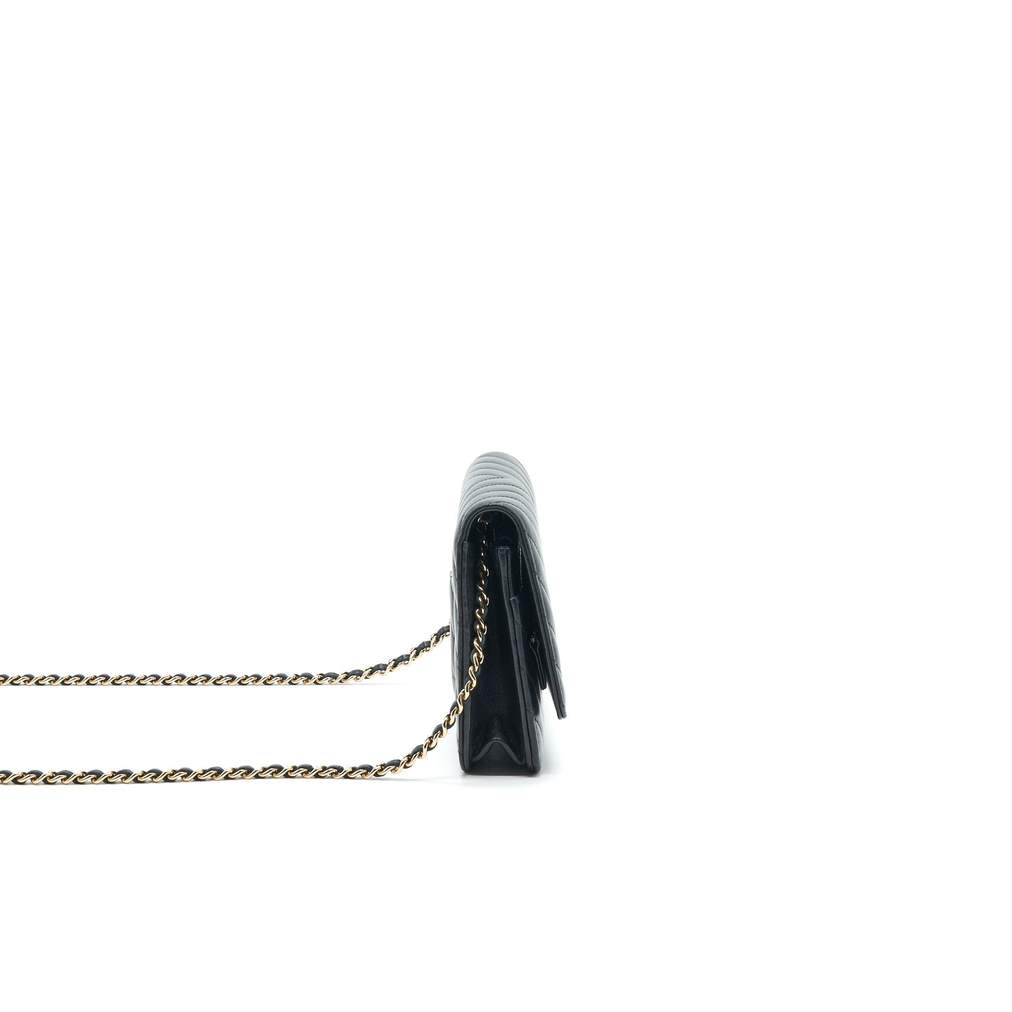 CHANEL CHEVRON WALLET ON CHAIN LAMBSKIN BLACK WITH
