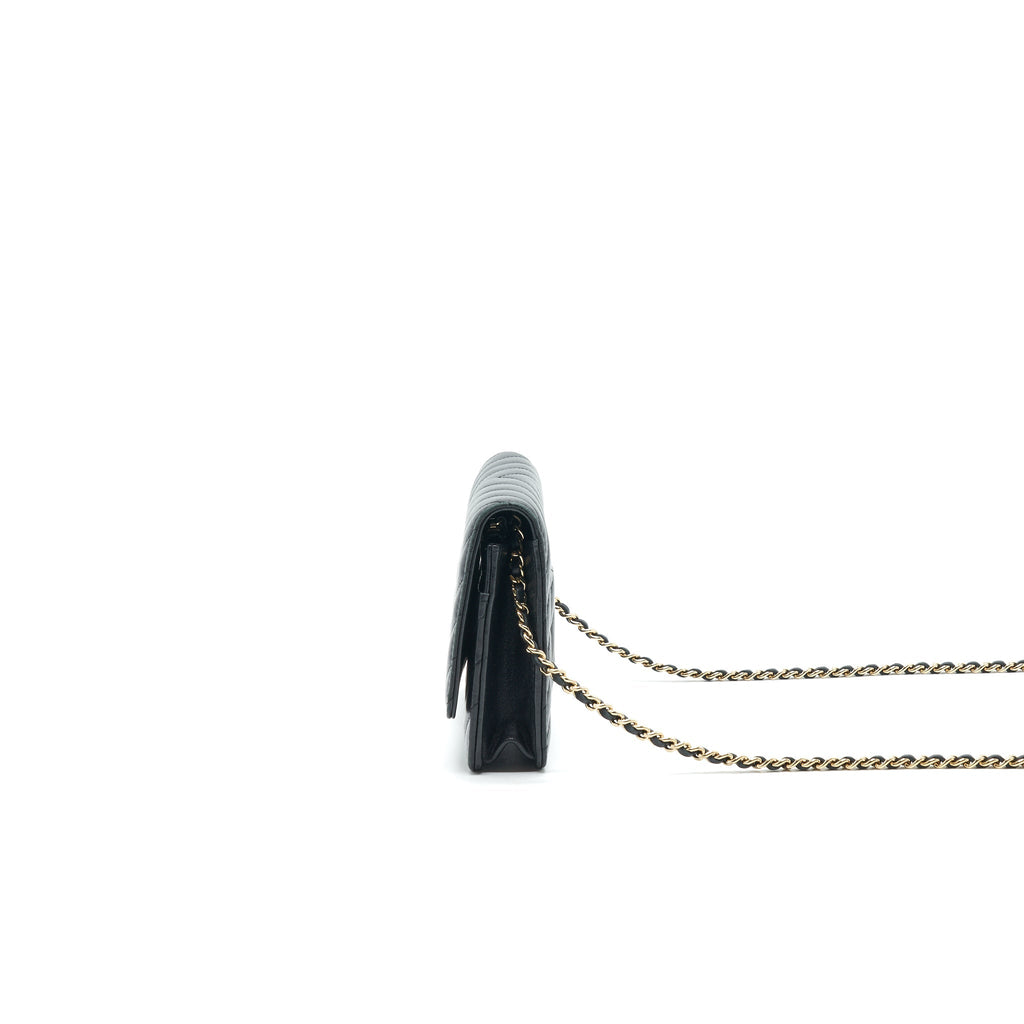 CHANEL CHEVRON WALLET ON CHAIN LAMBSKIN BLACK WITH
