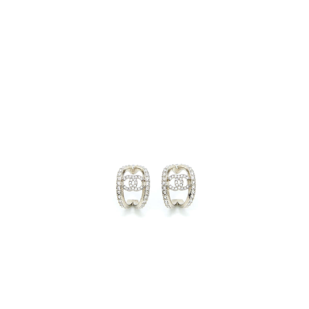 Chanel CC Logo Earring With Full Crystals Silver Tone