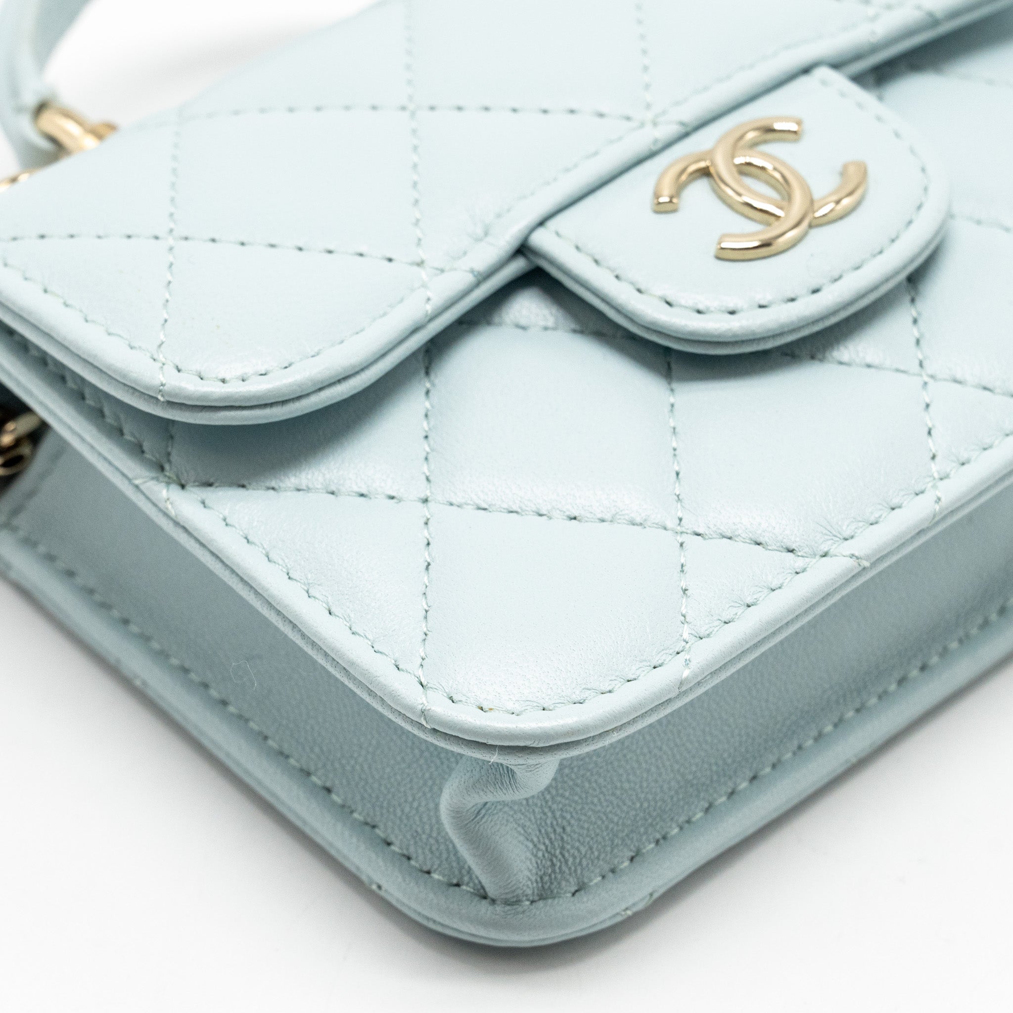 Chanel Top Handle Mini Flap Clutch with Chain Lambskin Light Blue L