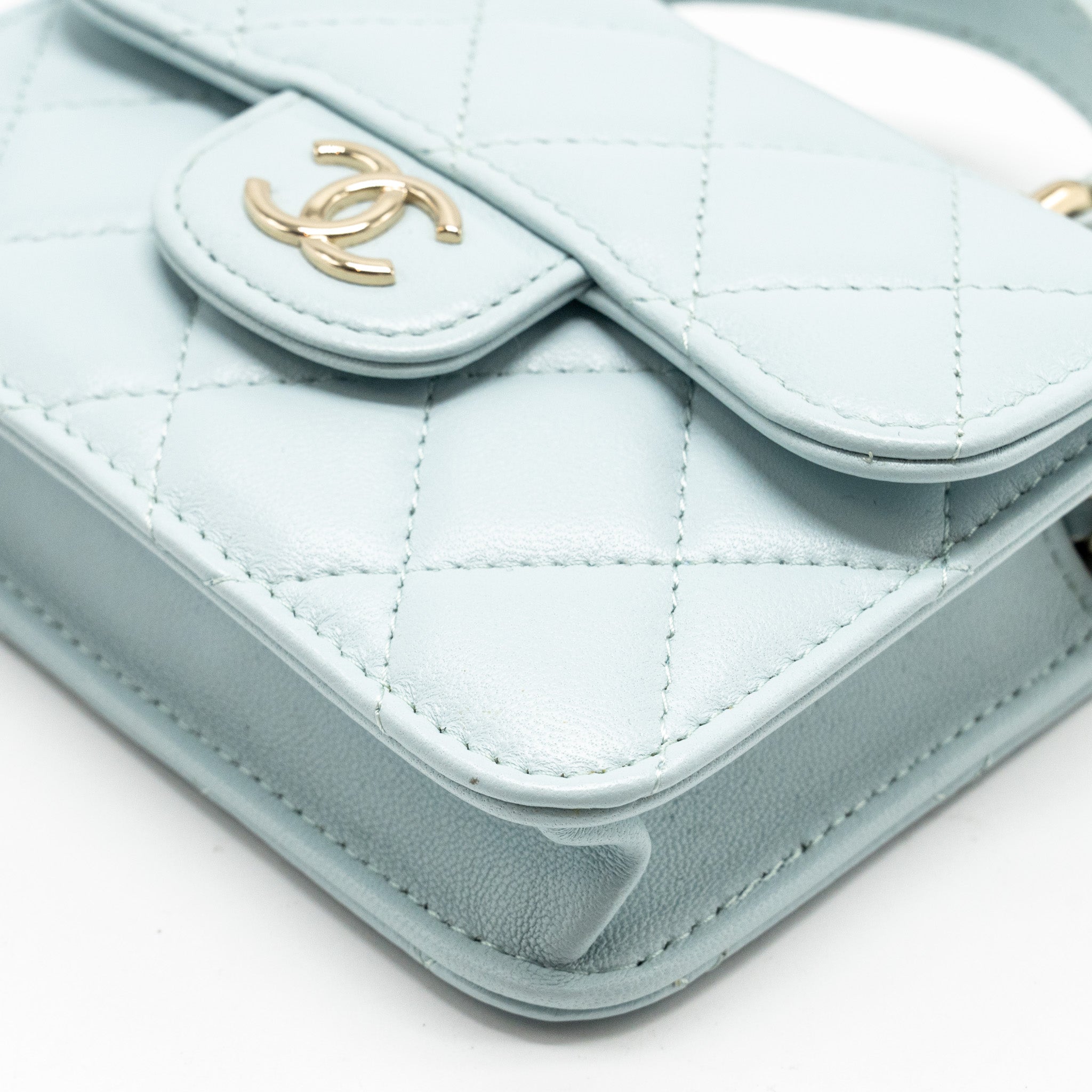 Chanel Top Handle Mini Flap Clutch with Chain Lambskin Light Blue L