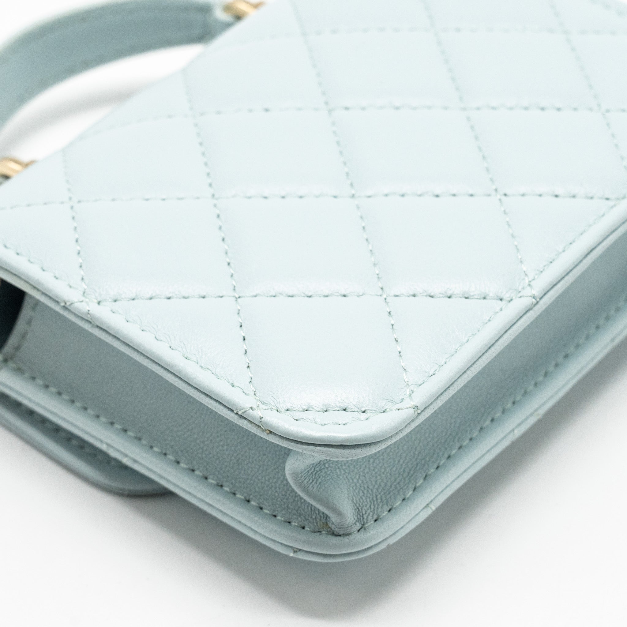 Chanel Top Handle Mini Flap Clutch with Chain Lambskin Light Blue L