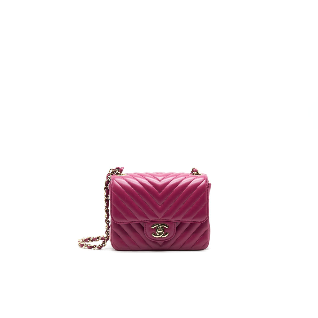 CHANEL MINI SQUARE CHEVRON RASPBERRY RED LAMBSKIN