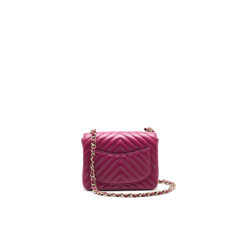 CHANEL MINI SQUARE CHEVRON RASPBERRY RED LAMBSKIN
