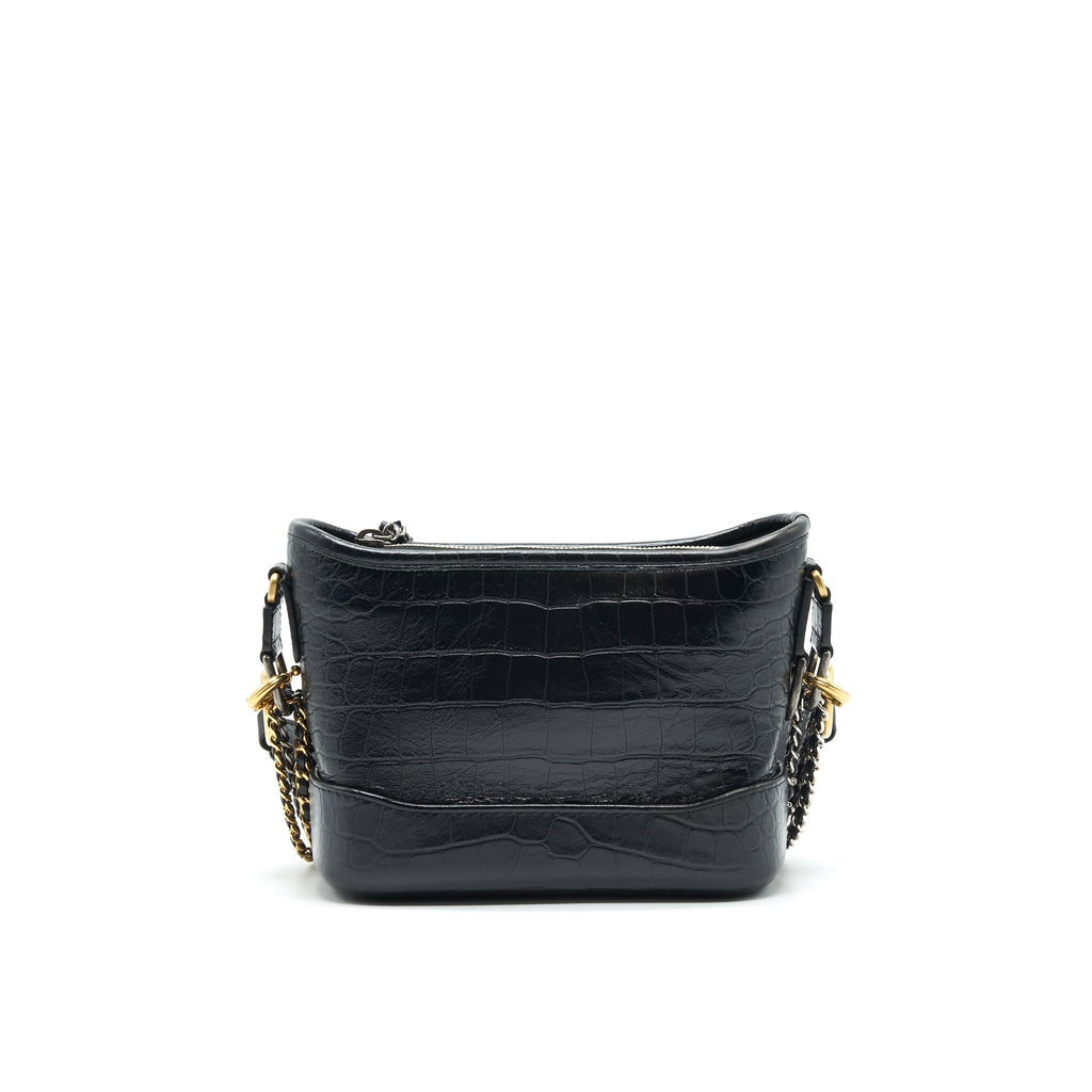 Chanel Small Gabrielle Hobo Bag Crocodile Embossed Calfskin Black