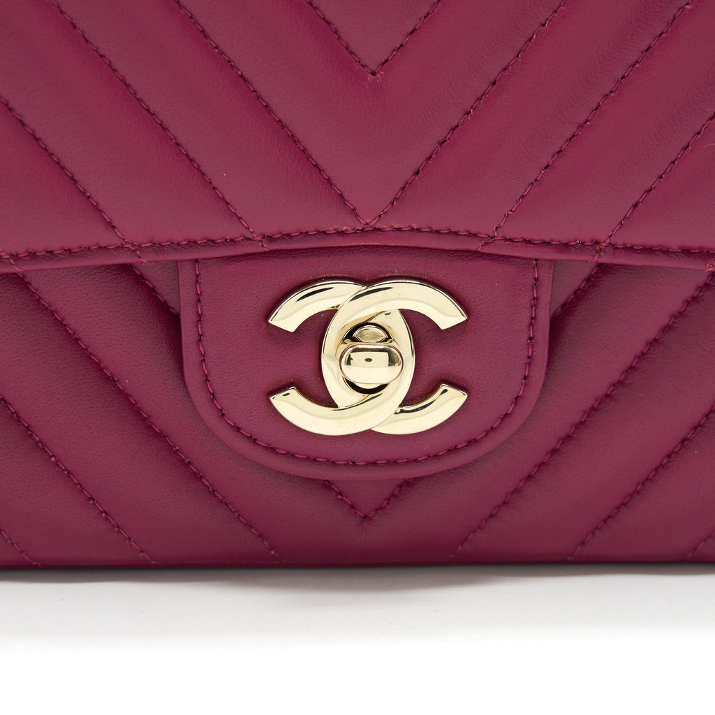 CHANEL MINI SQUARE CHEVRON RASPBERRY RED LAMBSKIN