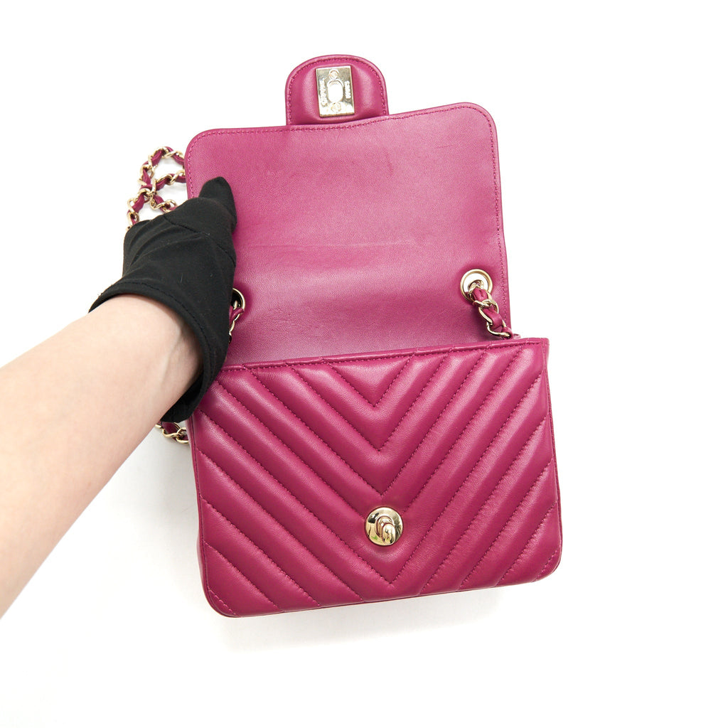 CHANEL MINI SQUARE CHEVRON RASPBERRY RED LAMBSKIN