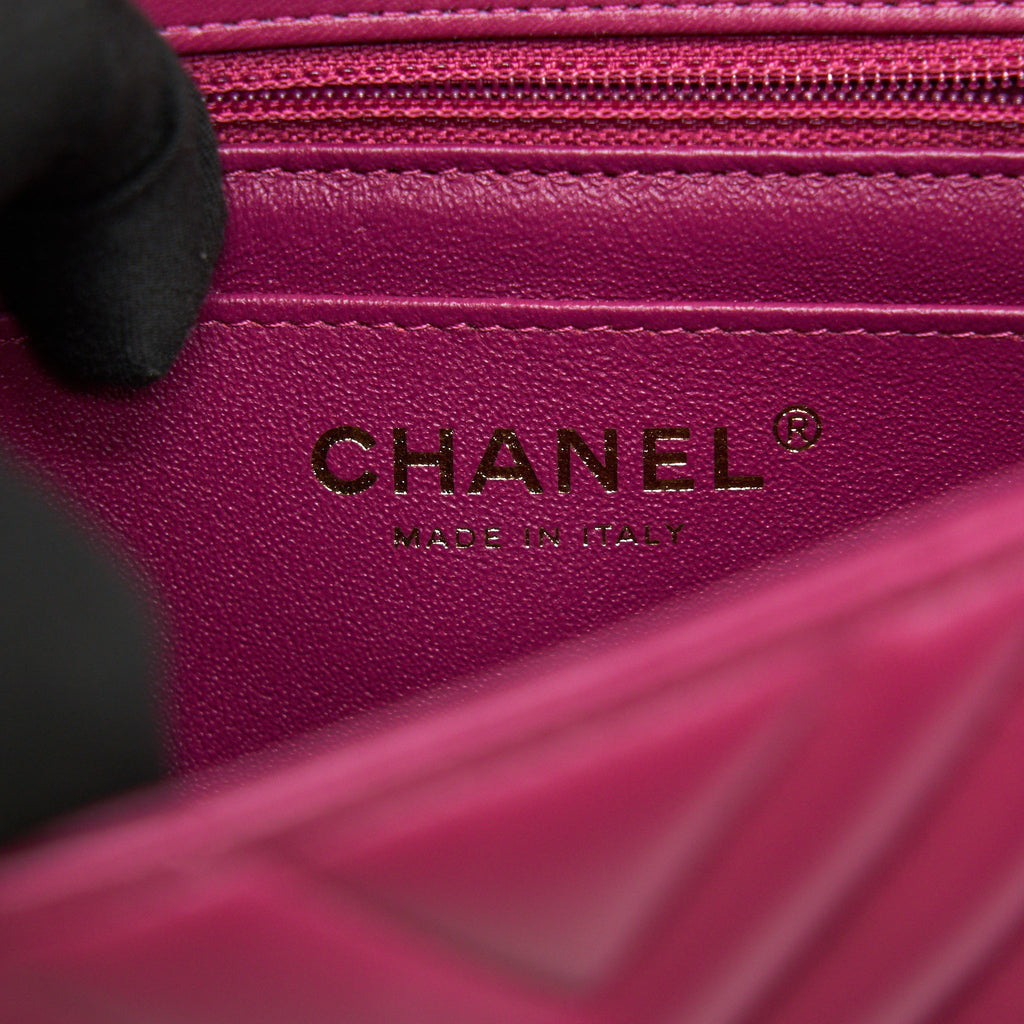 CHANEL MINI SQUARE CHEVRON RASPBERRY RED LAMBSKIN