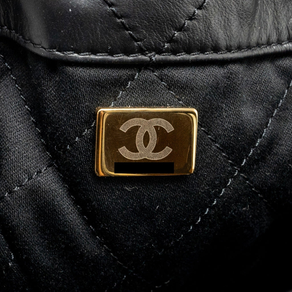 Chanel 22 Backpack White Letter Logo Shiny Calfskin Black  (Microchip)